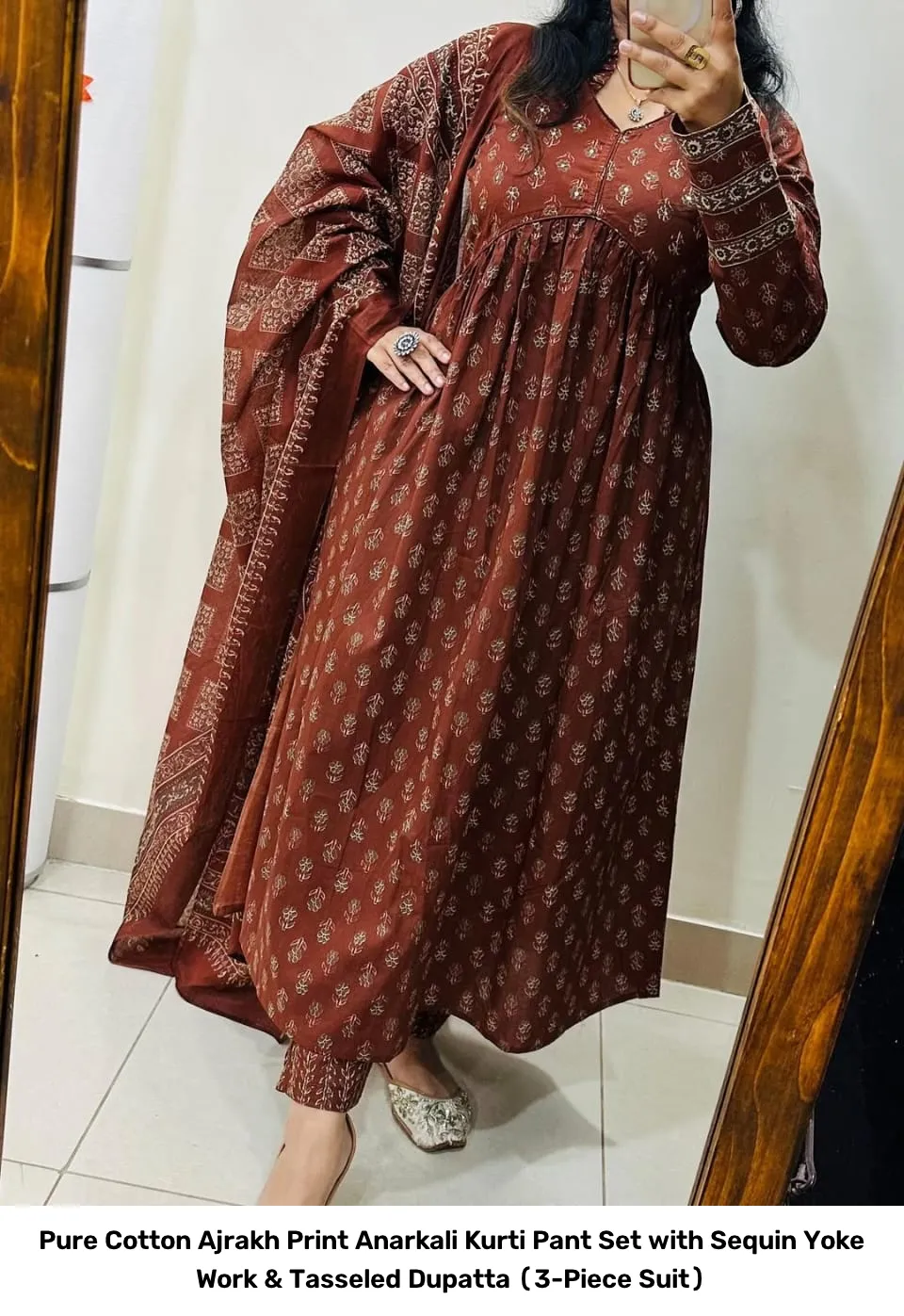 Pure Cotton Ajrakh Print Anarkali Kurti Pant Set with Sequin Yoke Work & Tasseled Dupatta (3-Piece Suit) 7