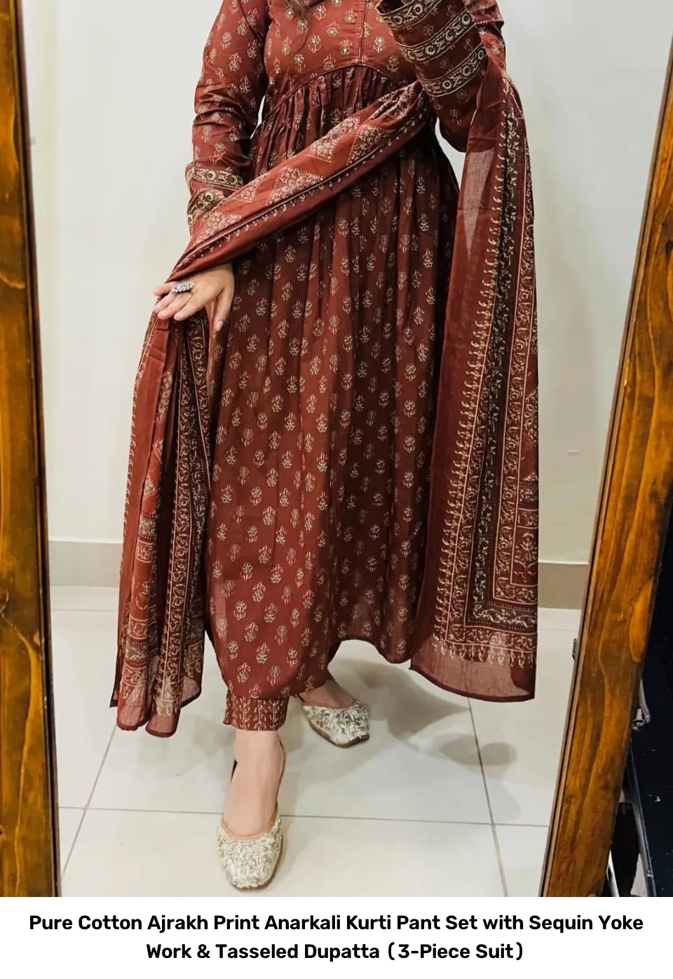 Pure Cotton Ajrakh Print Anarkali Kurti Pant Set with Sequin Yoke Work & Tasseled Dupatta (3-Piece Suit) 8