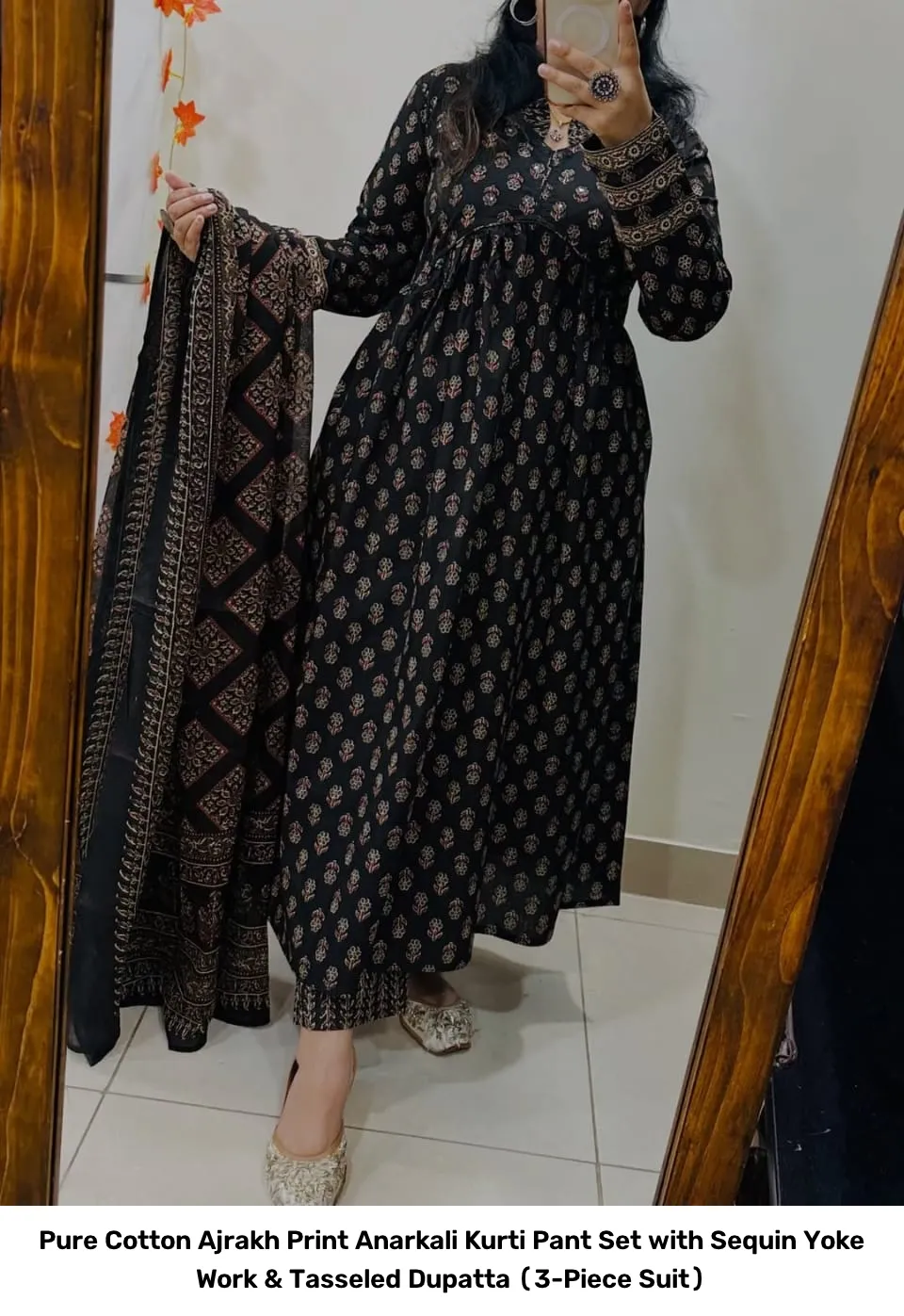 Pure Cotton Ajrakh Print Anarkali Kurti Pant Set with Sequin Yoke Work & Tasseled Dupatta (3-Piece Suit) 9