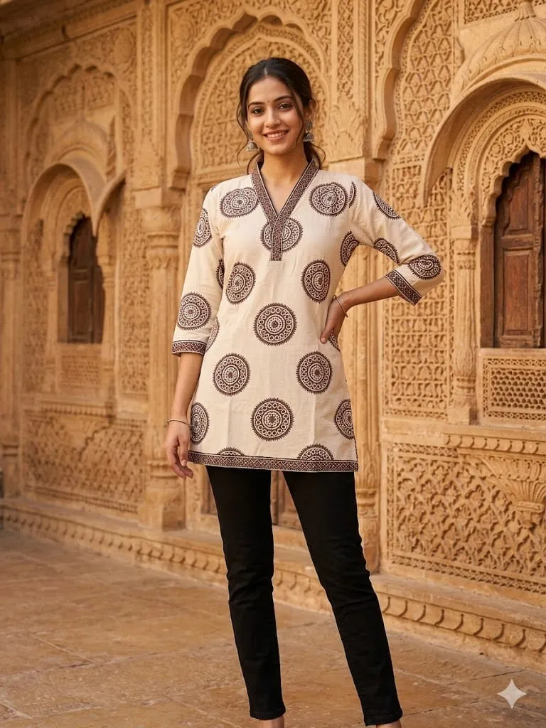 Pure Cotton Ajrakh Print Short Kurti for Jeans – V-Neck Casual Ethnic Tunic Top for Women