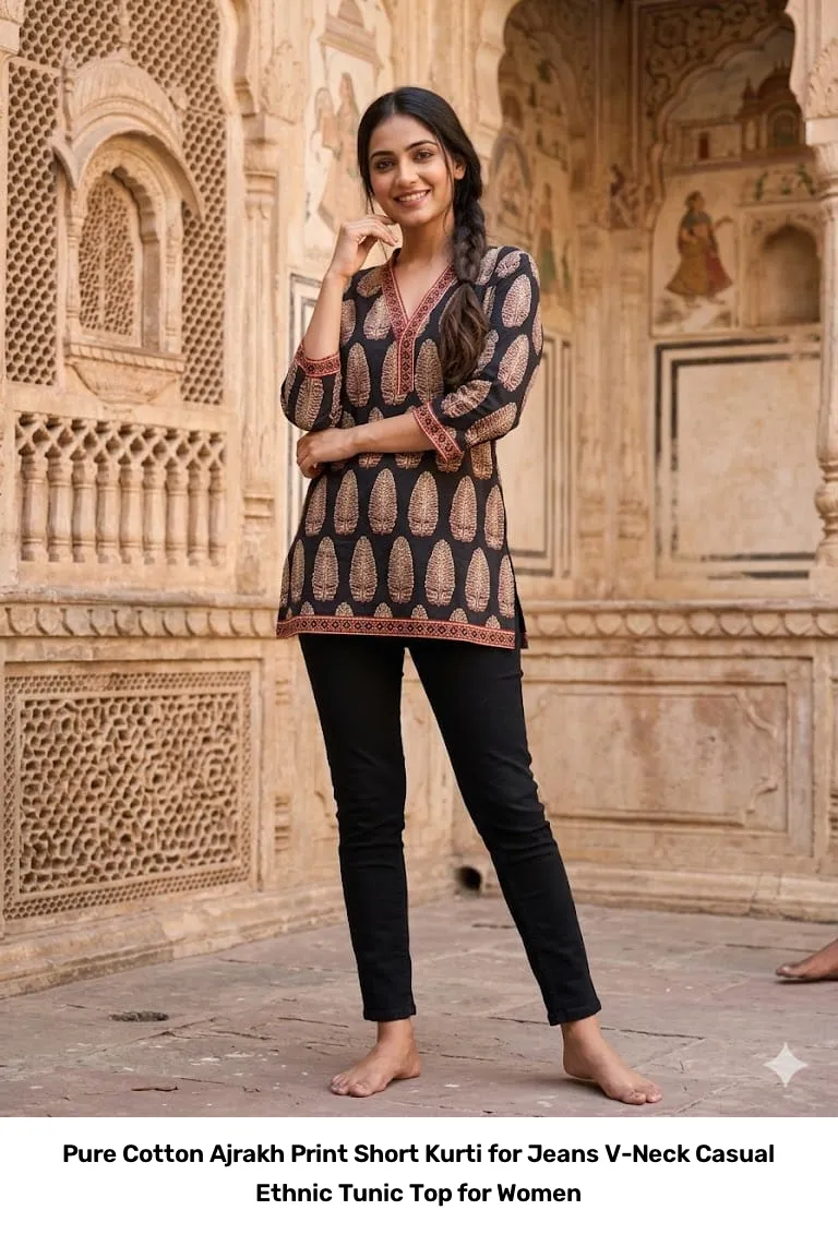 Pure Cotton Ajrakh Print Short Kurti for Jeans – V-Neck Casual Ethnic Tunic Top for Women 10