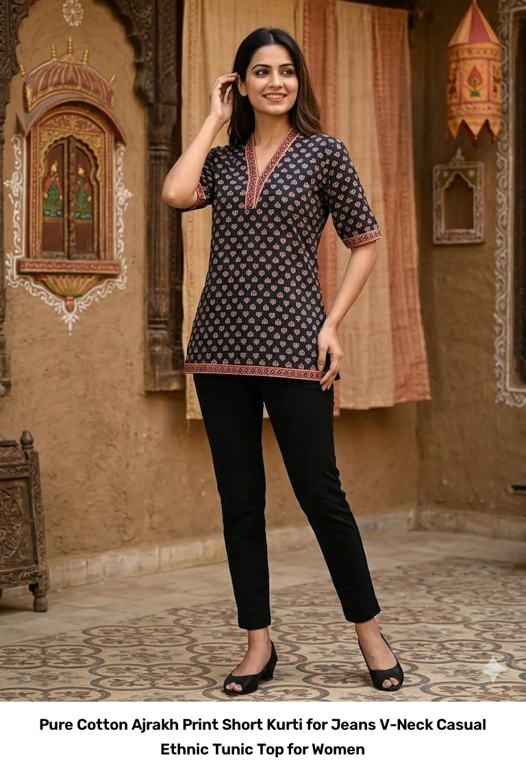 Pure Cotton Ajrakh Print Short Kurti for Jeans – V-Neck Casual Ethnic Tunic Top for Women 2