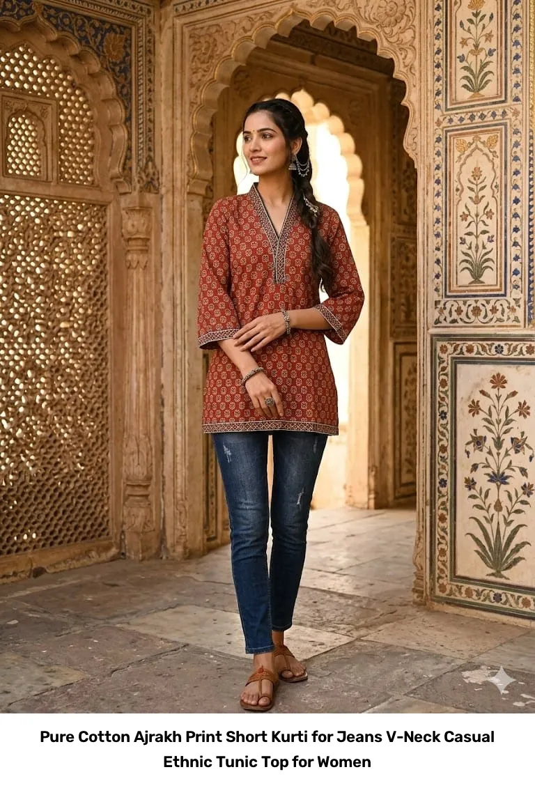 Pure Cotton Ajrakh Print Short Kurti for Jeans – V-Neck Casual Ethnic Tunic Top for Women 3