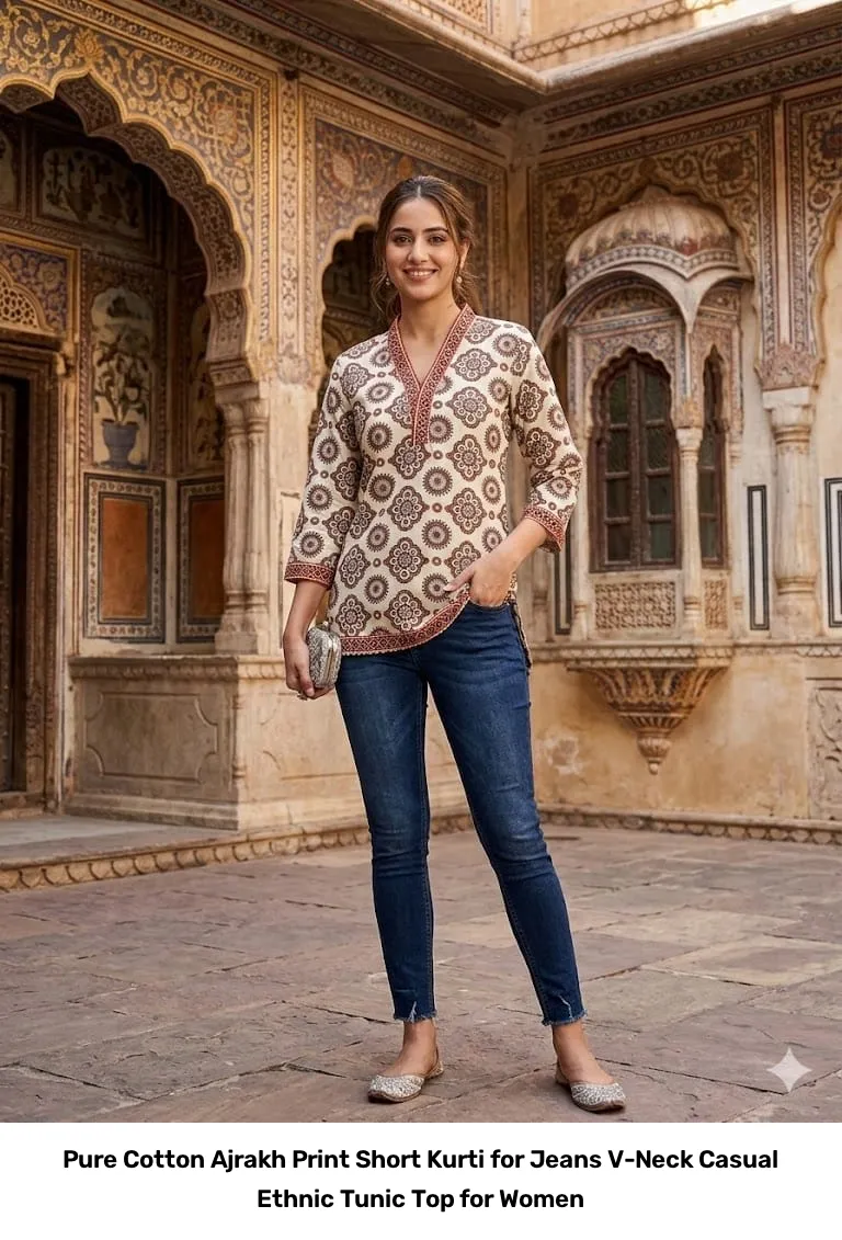 Pure Cotton Ajrakh Print Short Kurti for Jeans – V-Neck Casual Ethnic Tunic Top for Women 5