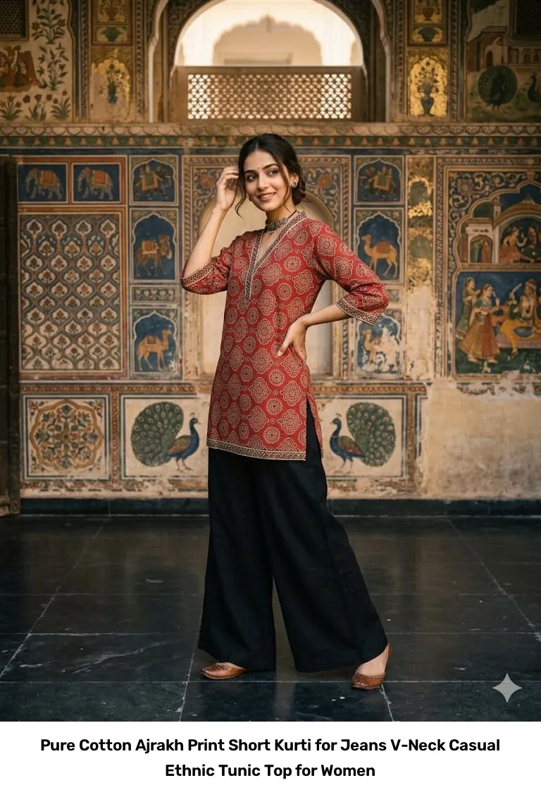 Pure Cotton Ajrakh Print Short Kurti for Jeans – V-Neck Casual Ethnic Tunic Top for Women 7