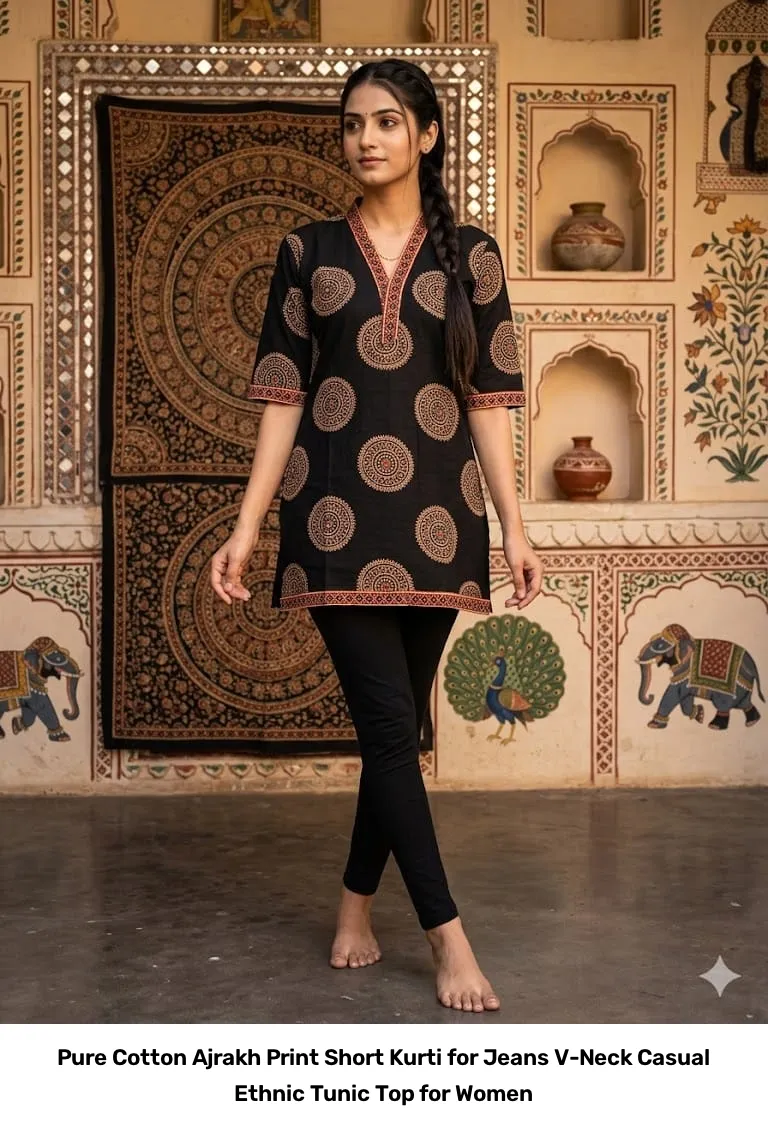 Pure Cotton Ajrakh Print Short Kurti for Jeans – V-Neck Casual Ethnic Tunic Top for Women 8