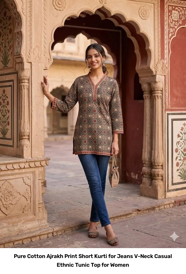 Pure Cotton Ajrakh Print Short Kurti for Jeans – V-Neck Casual Ethnic Tunic Top for Women 9
