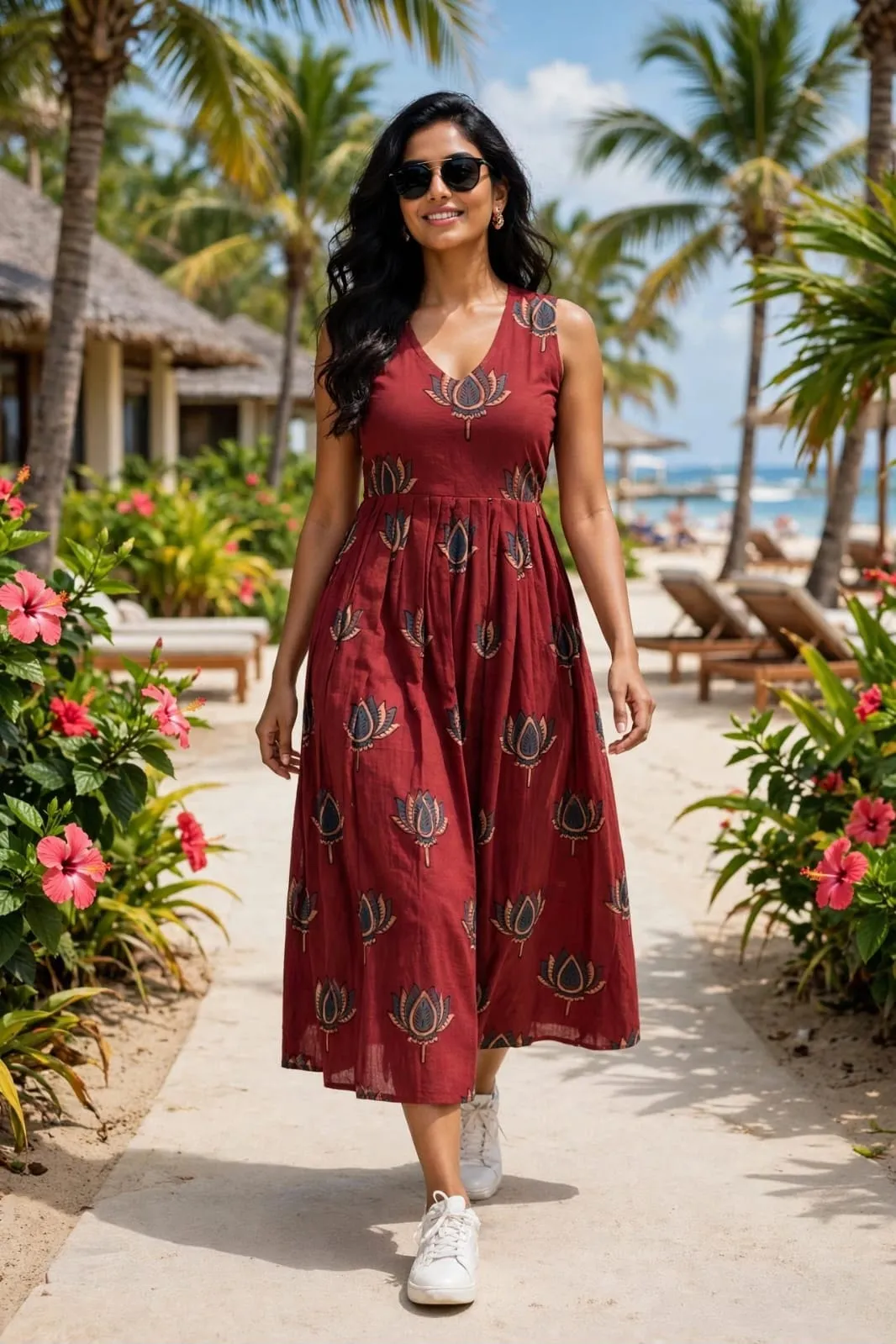 Pure Cotton Ajrakh Print Sleeveless Midi Dress
