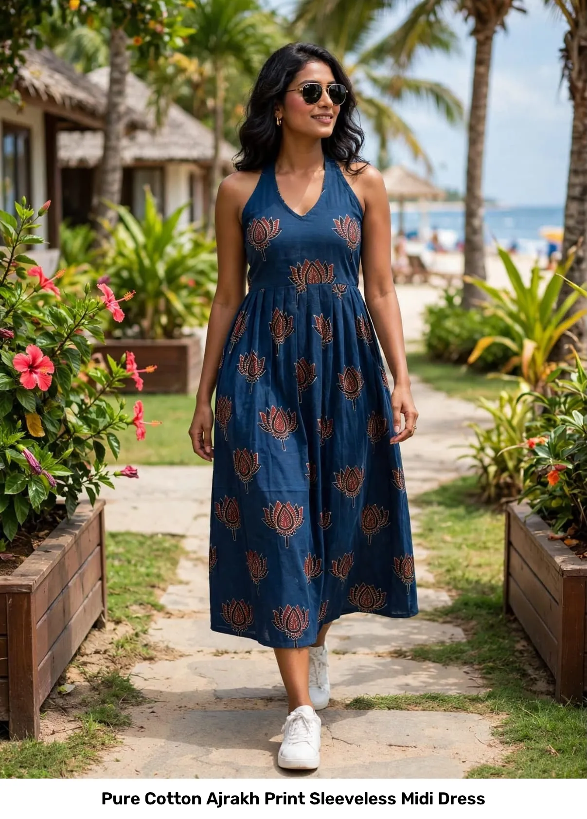 Pure Cotton Ajrakh Print Sleeveless Midi Dress 2