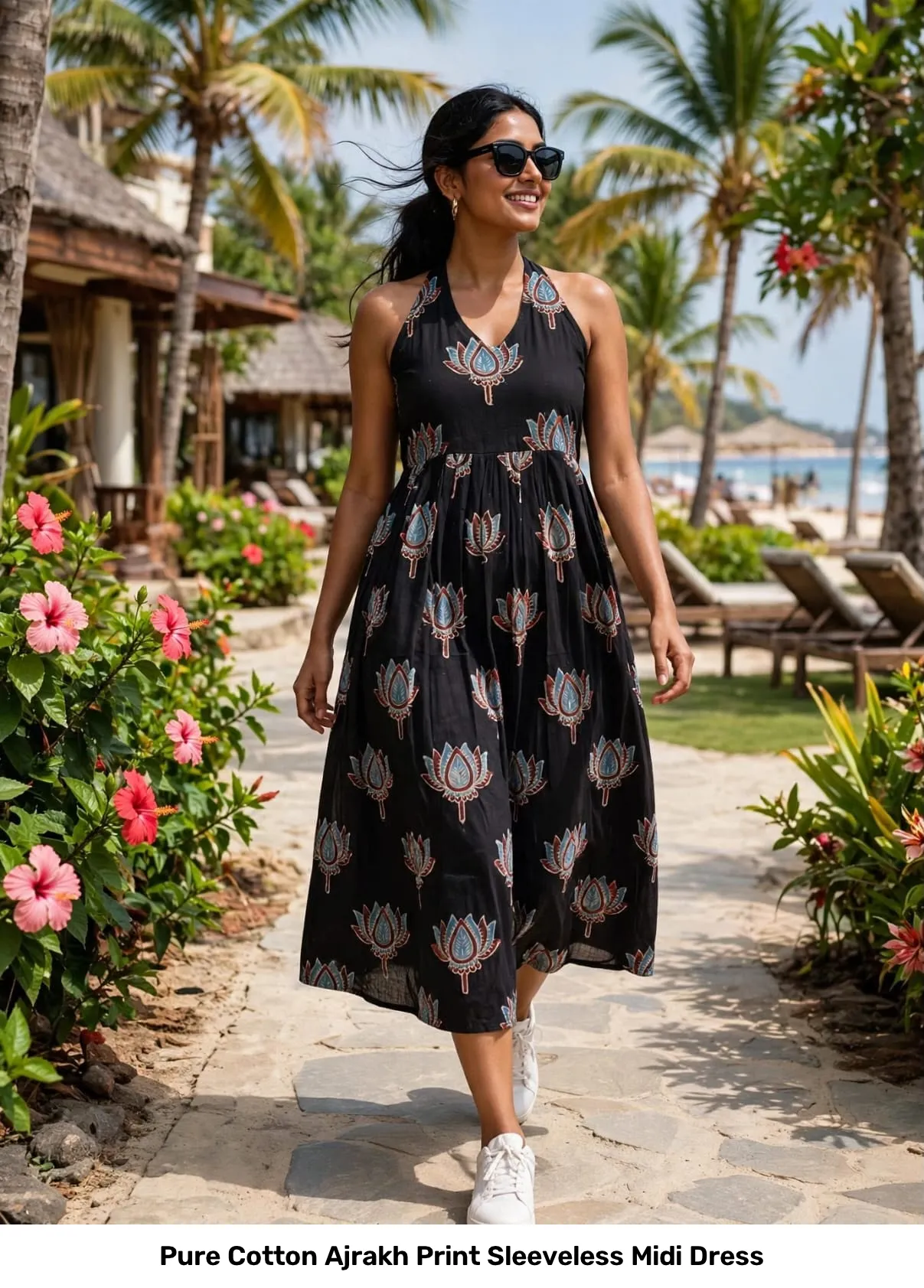 Pure Cotton Ajrakh Print Sleeveless Midi Dress 4