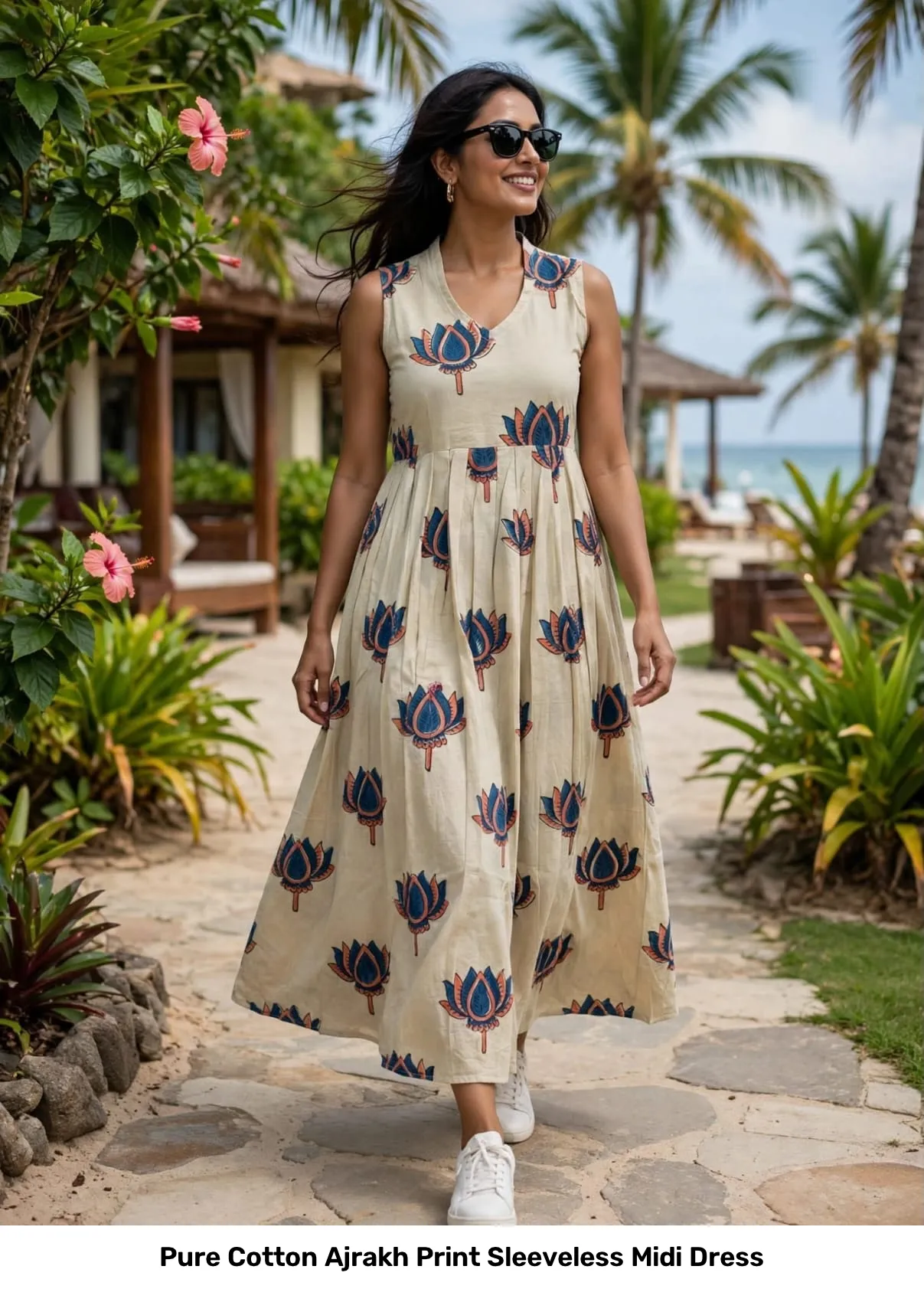 Pure Cotton Ajrakh Print Sleeveless Midi Dress 7
