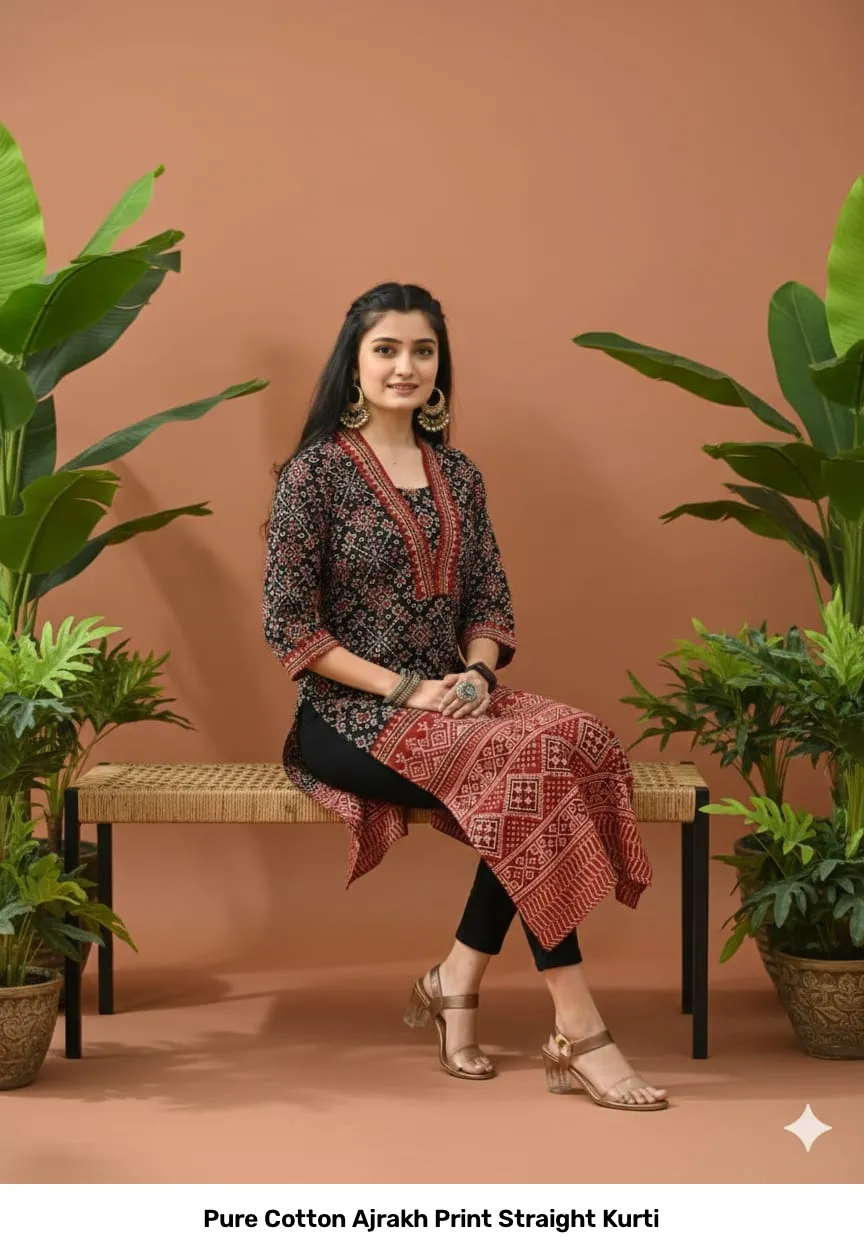 Pure Cotton Ajrakh Print Straight Kurti 12
