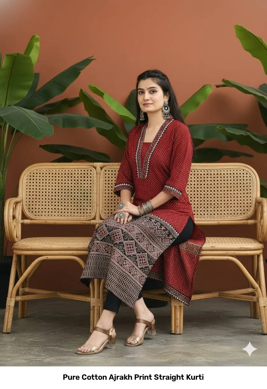 Pure Cotton Ajrakh Print Straight Kurti 14