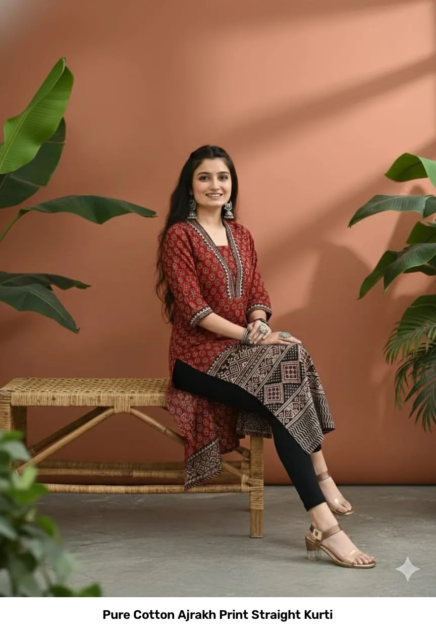Pure Cotton Ajrakh Print Straight Kurti 16