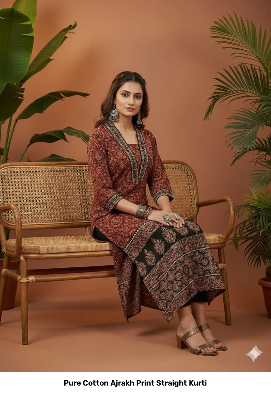 Pure Cotton Ajrakh Print Straight Kurti 4