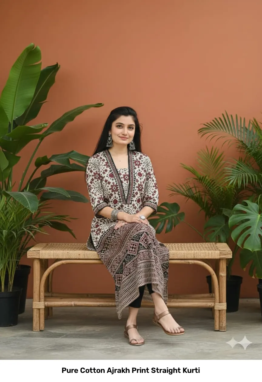 Pure Cotton Ajrakh Print Straight Kurti 8