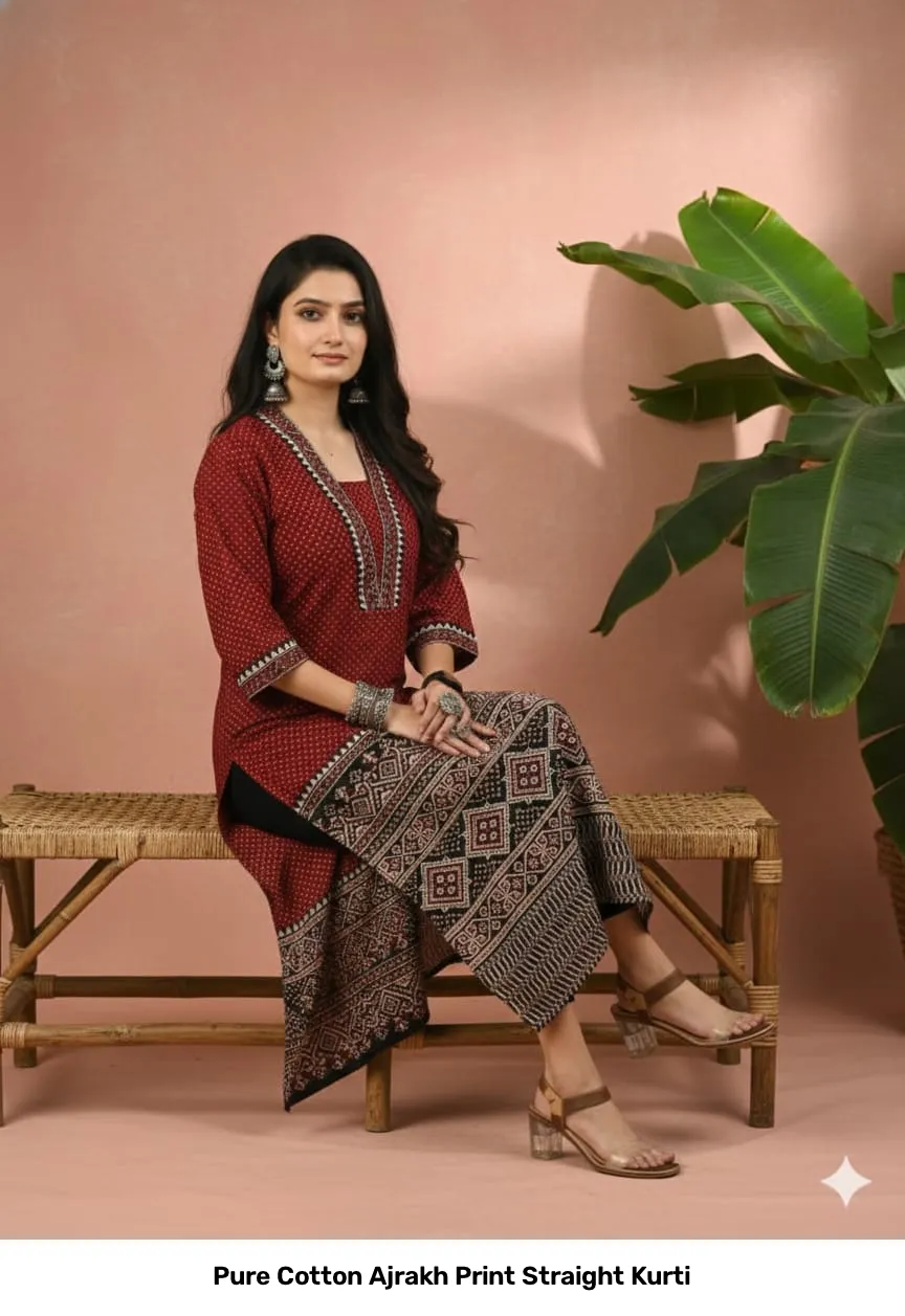 Pure Cotton Ajrakh Print Straight Kurti 9