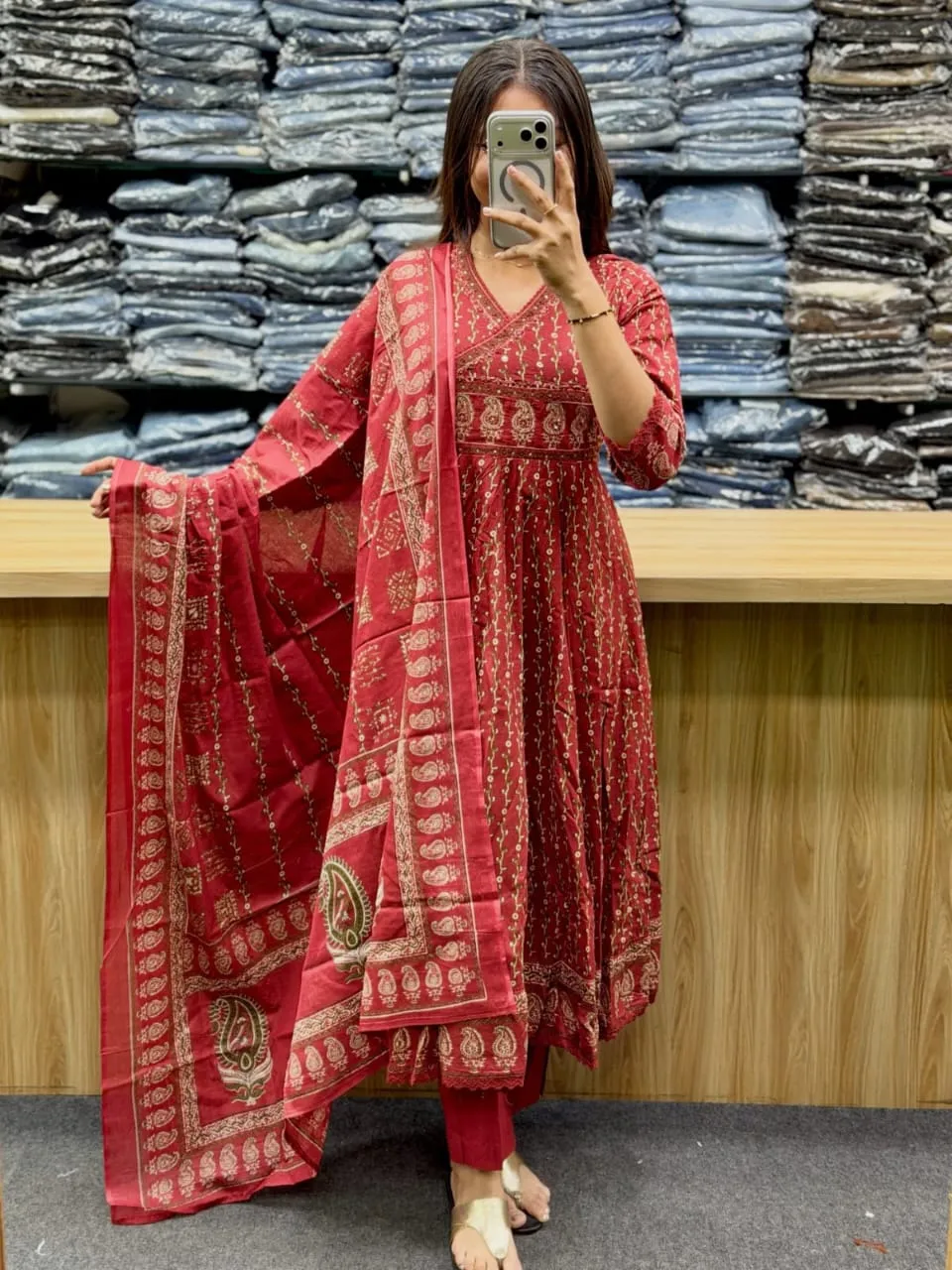 Pure Cotton Angrakha Anarkali Kurti Pant Set with Original Mirror Work & Printed Dupatta (3-Piece Festive Suit) 1