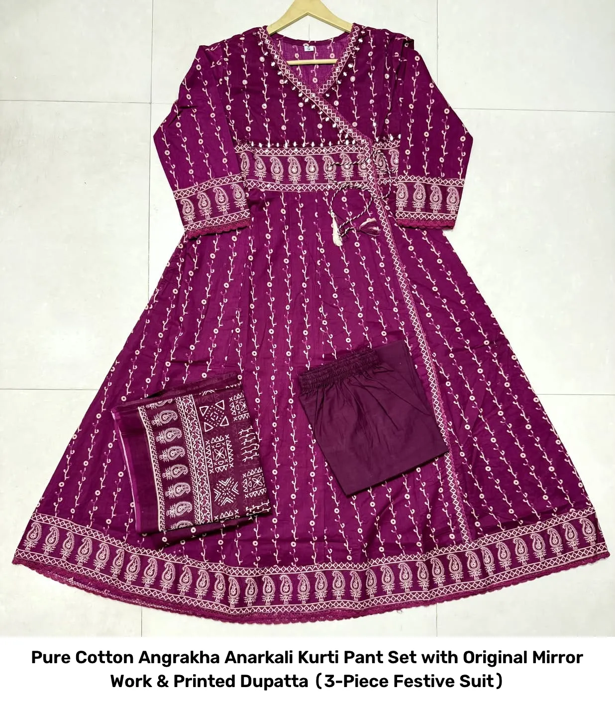 Pure Cotton Angrakha Anarkali Kurti Pant Set with Original Mirror Work & Printed Dupatta (3-Piece Festive Suit) 10