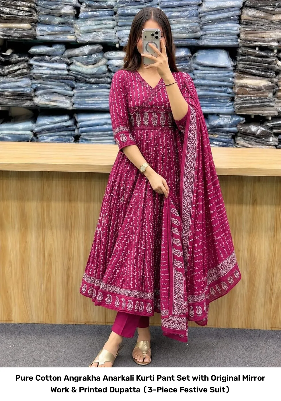 Pure Cotton Angrakha Anarkali Kurti Pant Set with Original Mirror Work & Printed Dupatta (3-Piece Festive Suit) 11