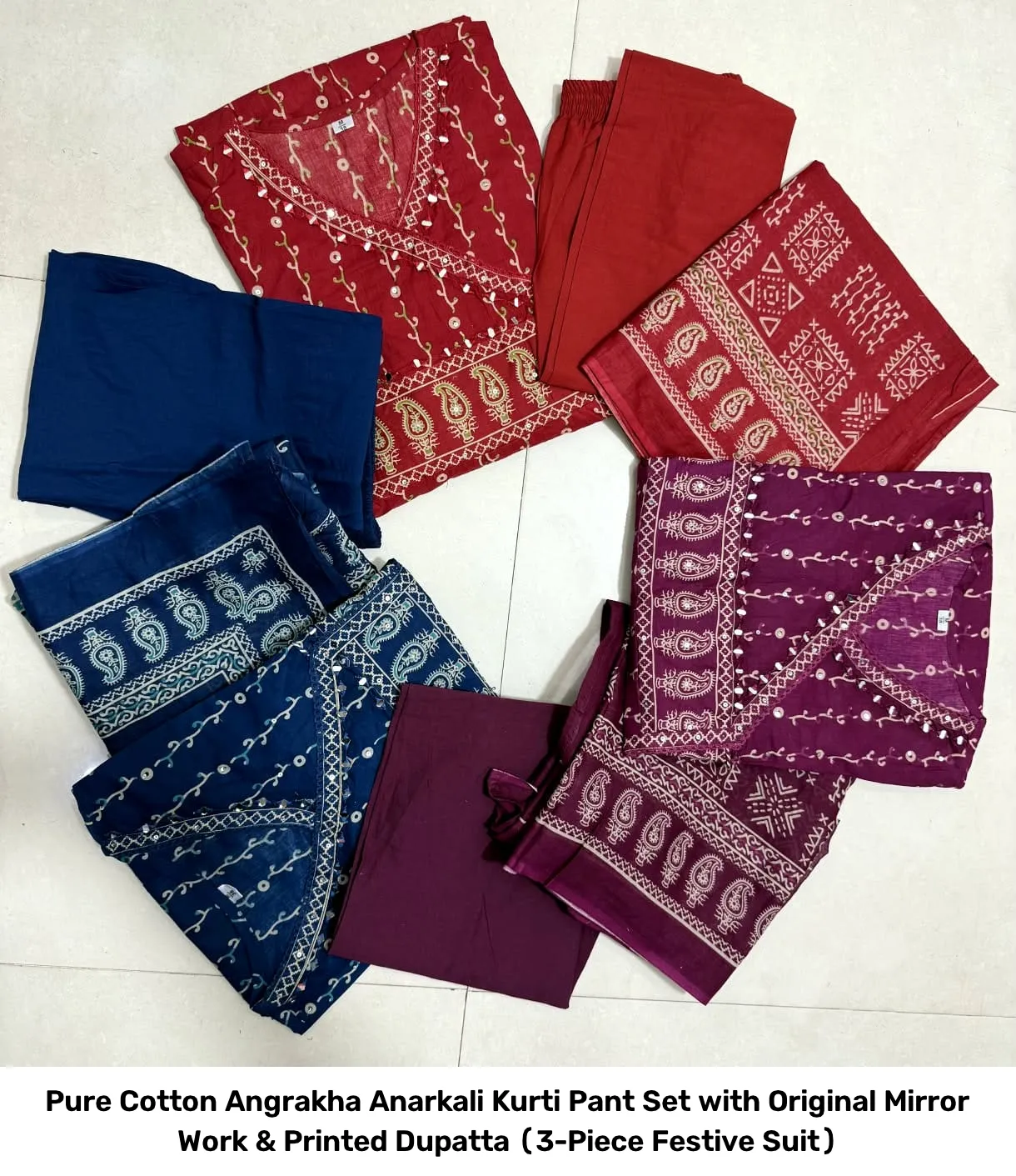 Pure Cotton Angrakha Anarkali Kurti Pant Set with Original Mirror Work & Printed Dupatta (3-Piece Festive Suit) 12