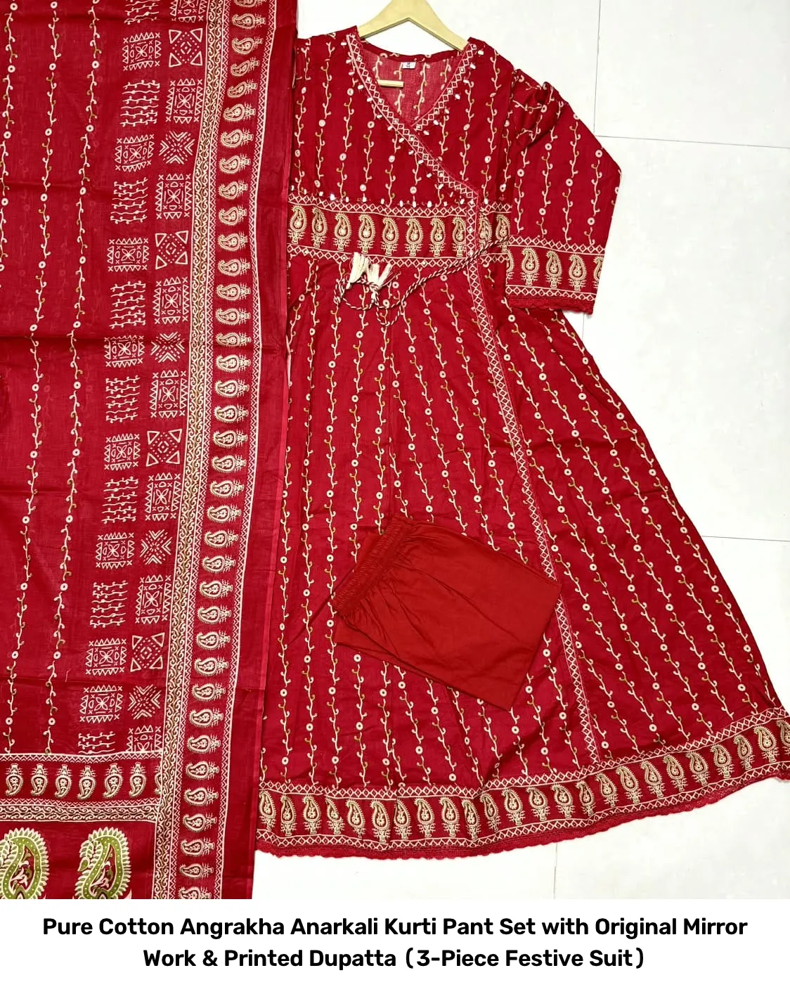 Pure Cotton Angrakha Anarkali Kurti Pant Set with Original Mirror Work & Printed Dupatta (3-Piece Festive Suit) 13