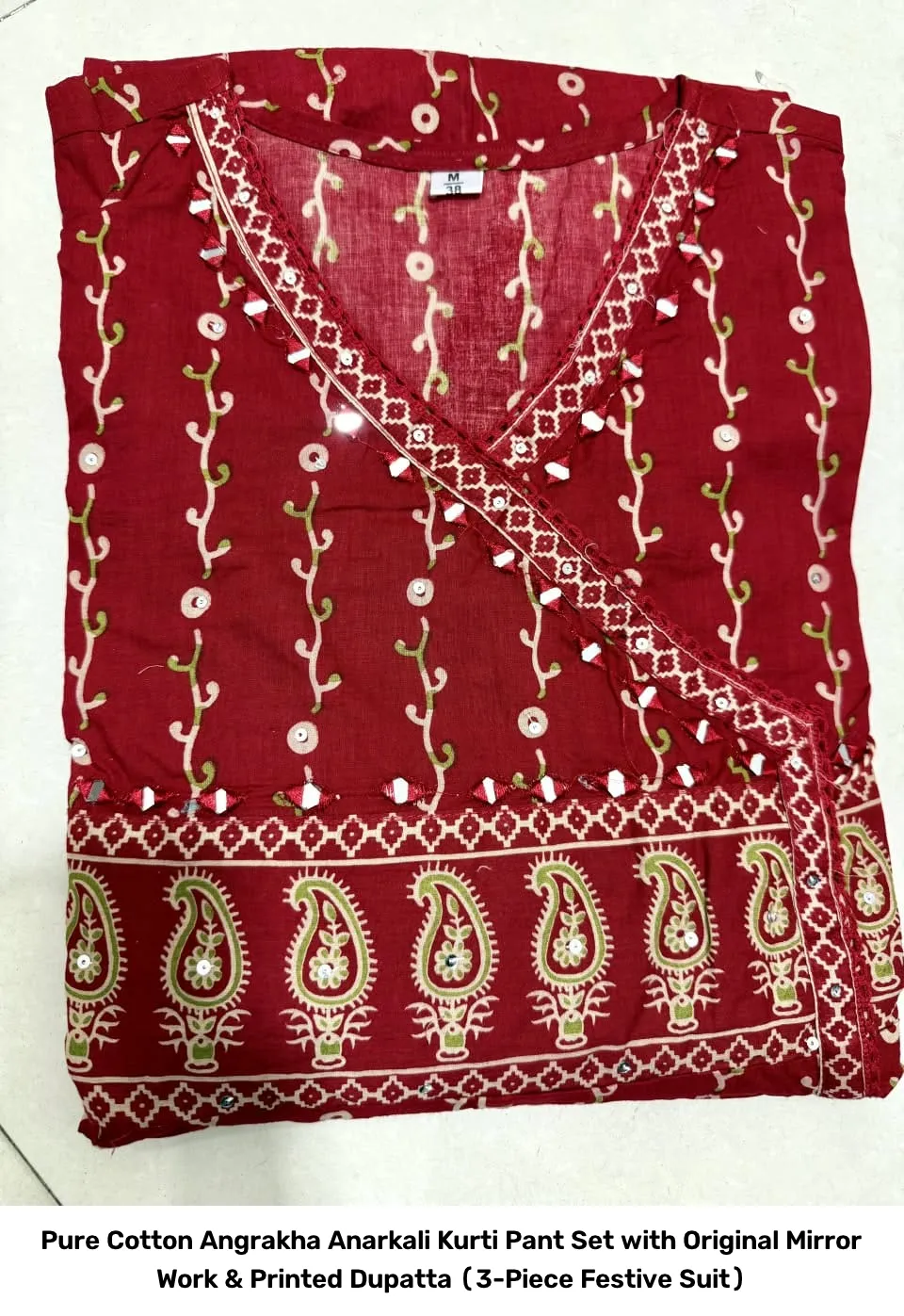 Pure Cotton Angrakha Anarkali Kurti Pant Set with Original Mirror Work & Printed Dupatta (3-Piece Festive Suit) 14
