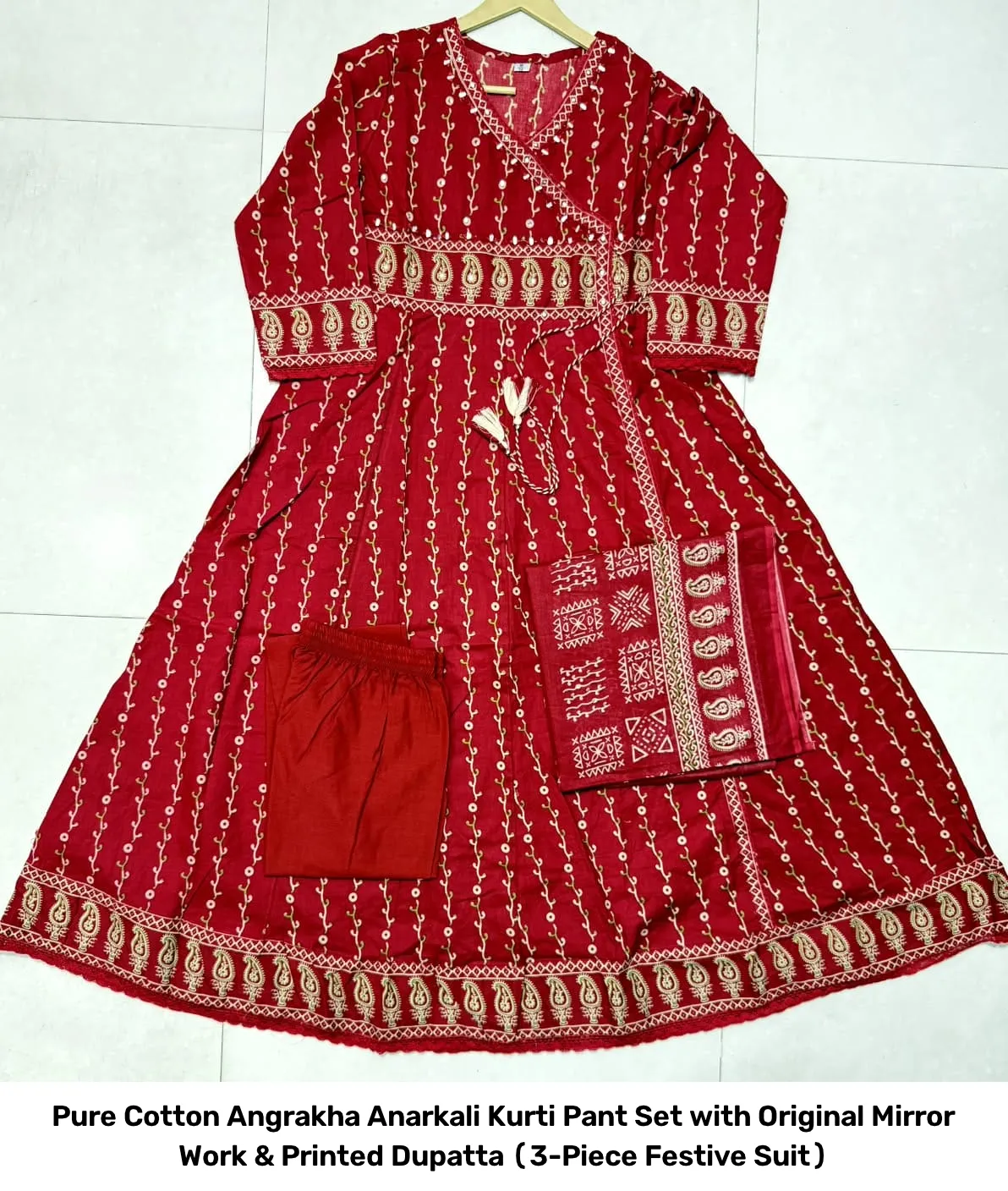 Pure Cotton Angrakha Anarkali Kurti Pant Set with Original Mirror Work & Printed Dupatta (3-Piece Festive Suit) 2