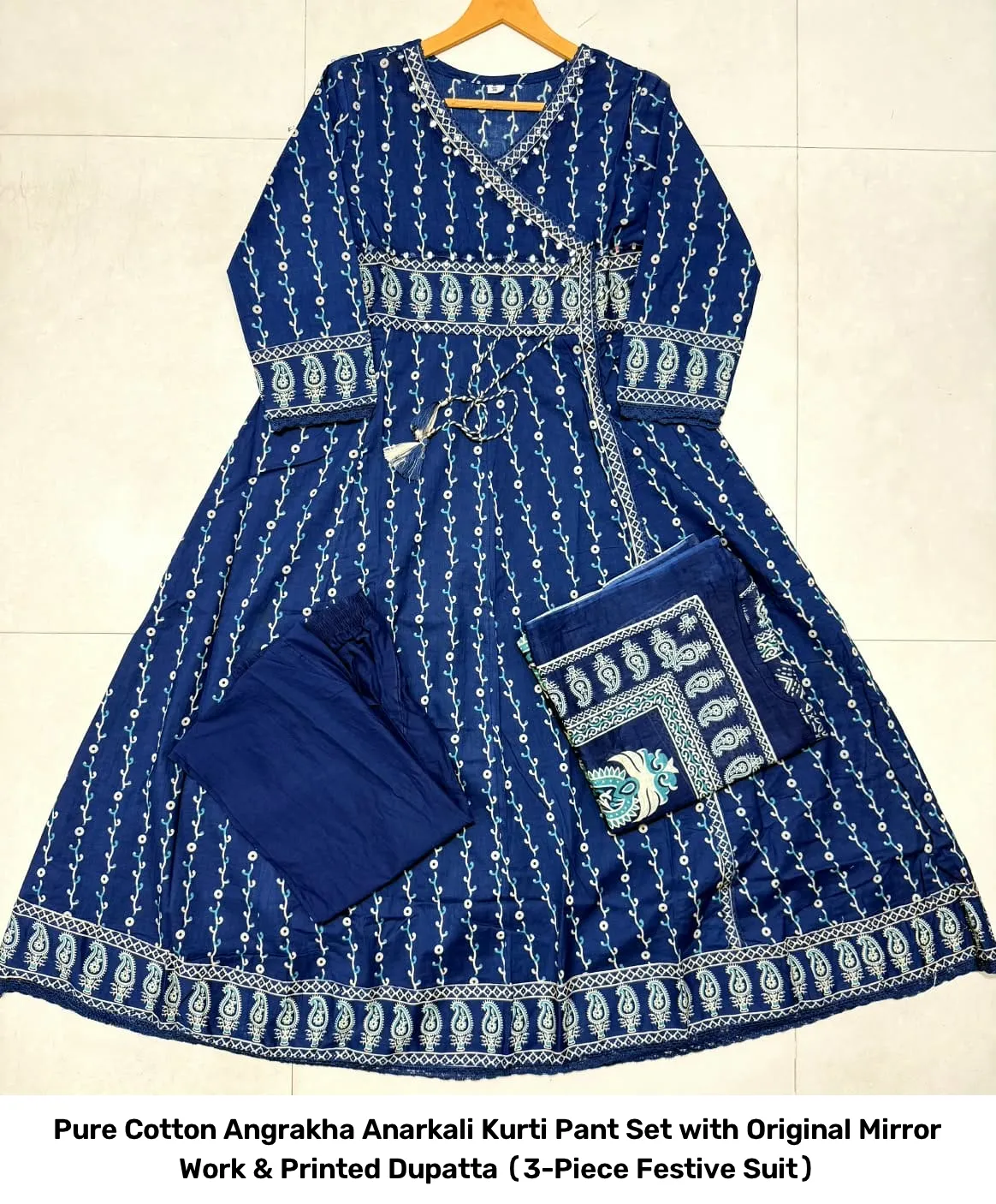 Pure Cotton Angrakha Anarkali Kurti Pant Set with Original Mirror Work & Printed Dupatta (3-Piece Festive Suit) 3