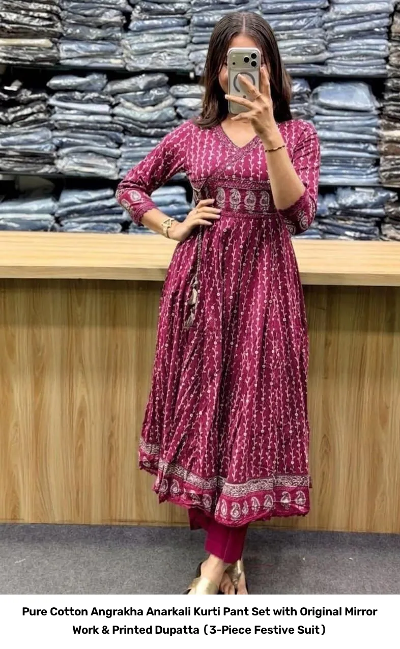 Pure Cotton Angrakha Anarkali Kurti Pant Set with Original Mirror Work & Printed Dupatta (3-Piece Festive Suit) 4