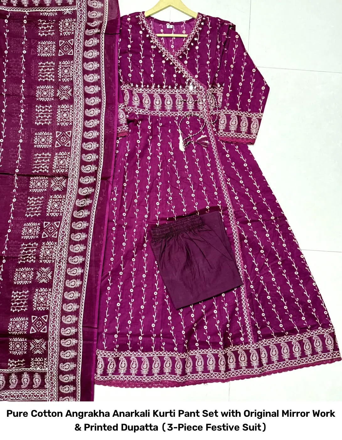 Pure Cotton Angrakha Anarkali Kurti Pant Set with Original Mirror Work & Printed Dupatta (3-Piece Festive Suit) 5