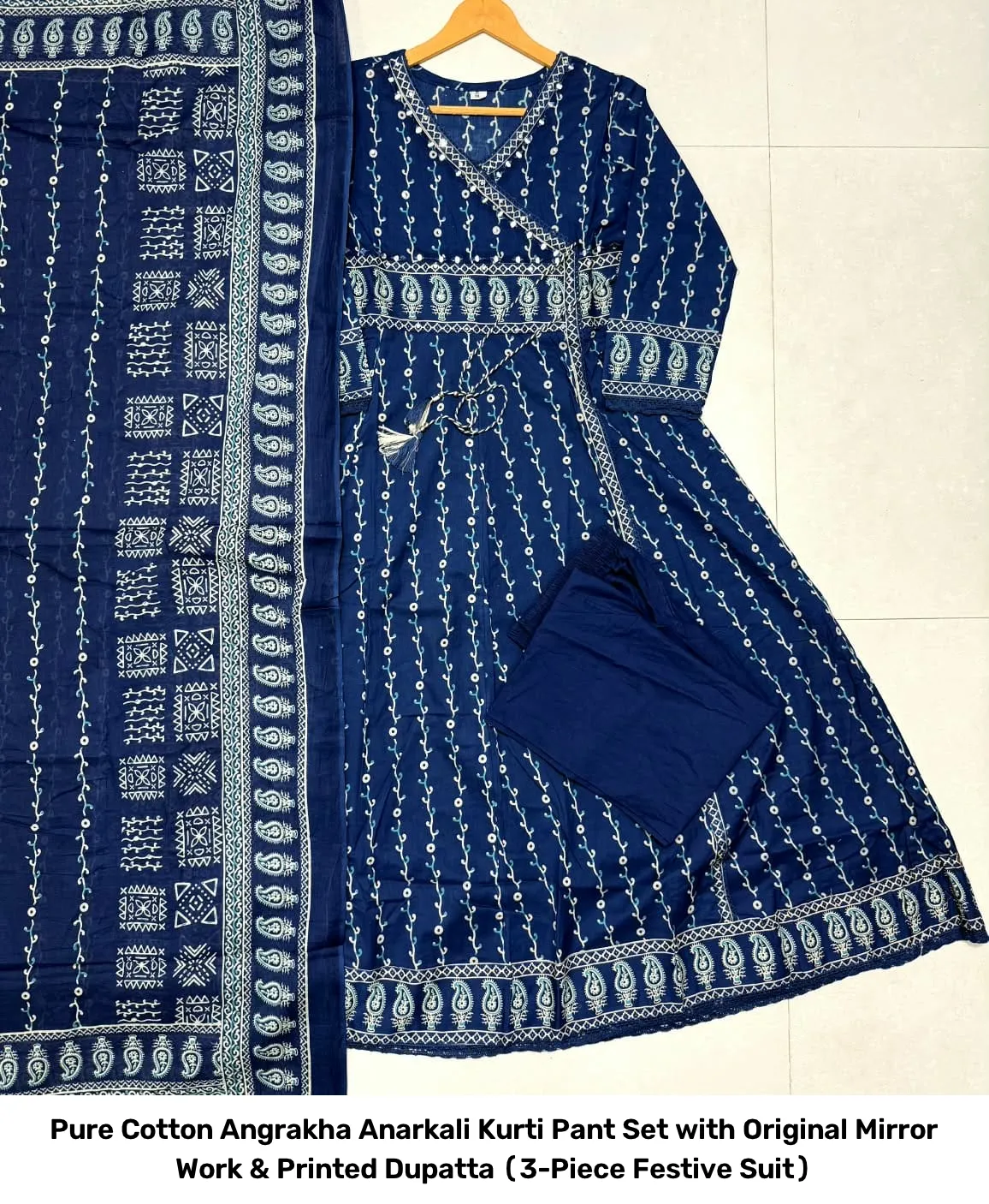 Pure Cotton Angrakha Anarkali Kurti Pant Set with Original Mirror Work & Printed Dupatta (3-Piece Festive Suit) 6