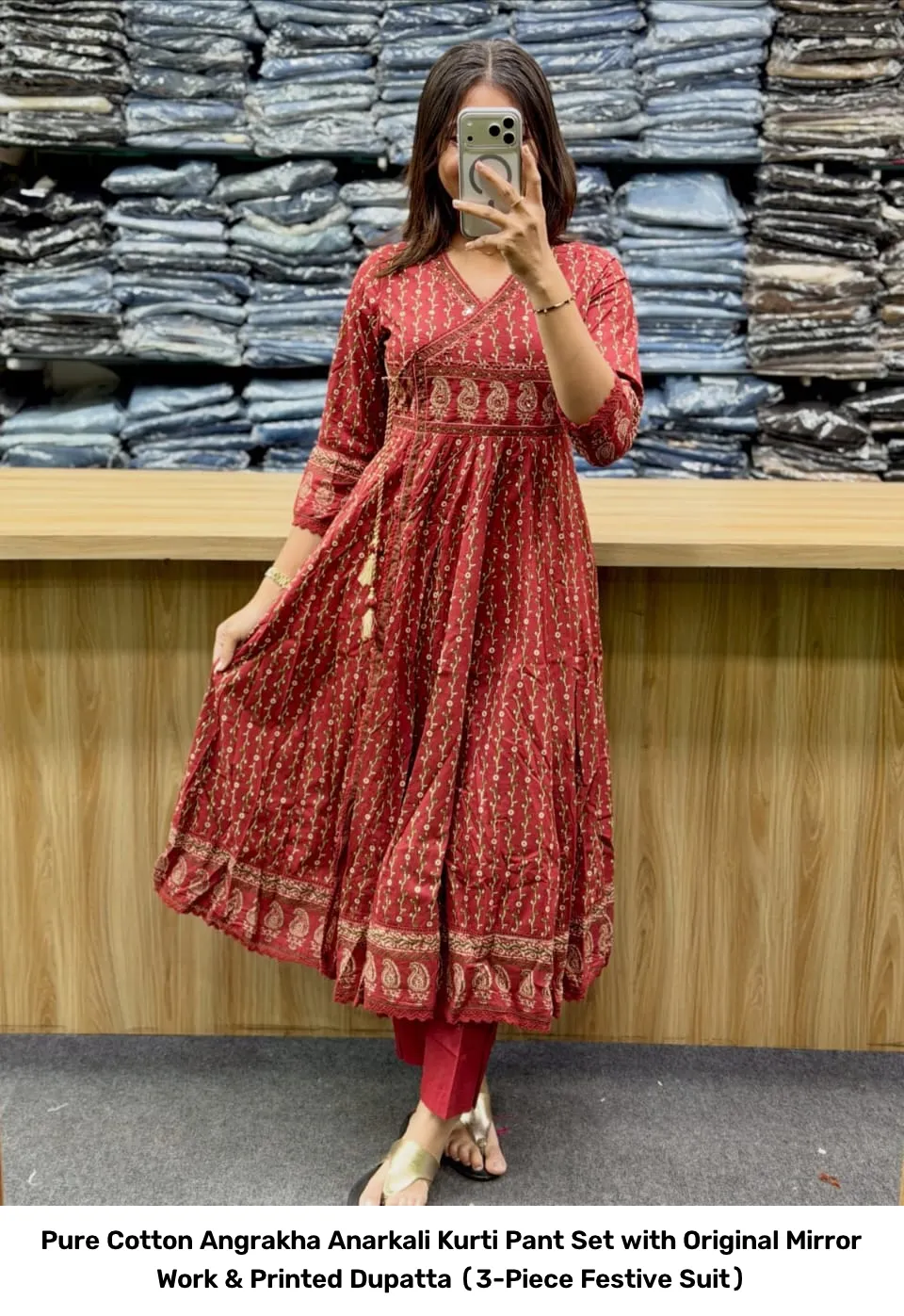 Pure Cotton Angrakha Anarkali Kurti Pant Set with Original Mirror Work & Printed Dupatta (3-Piece Festive Suit) 7