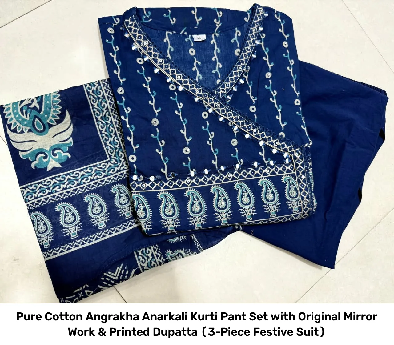 Pure Cotton Angrakha Anarkali Kurti Pant Set with Original Mirror Work & Printed Dupatta (3-Piece Festive Suit) 8