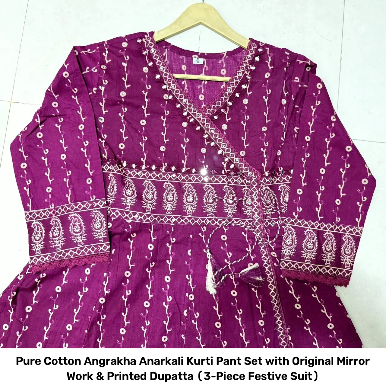 Pure Cotton Angrakha Anarkali Kurti Pant Set with Original Mirror Work & Printed Dupatta (3-Piece Festive Suit) 9