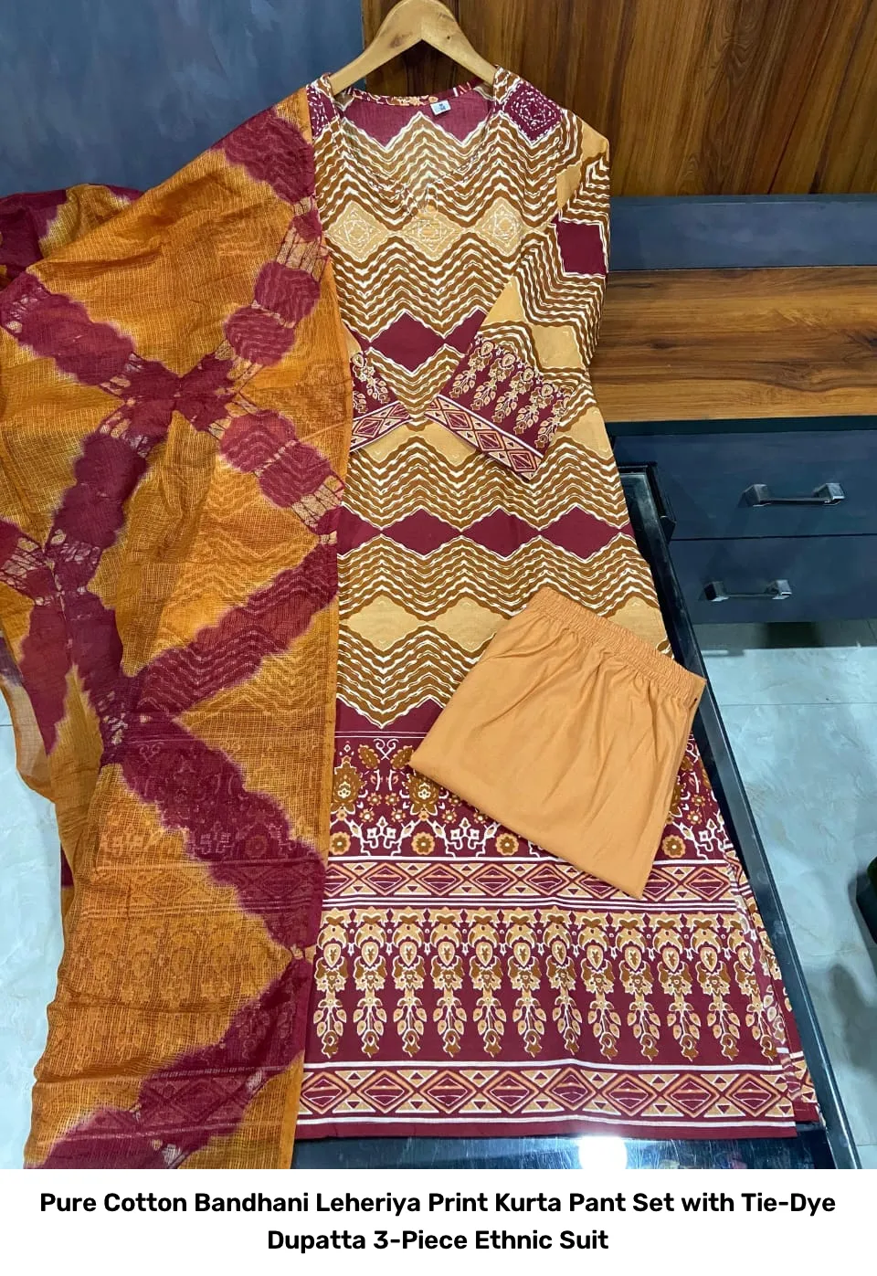 Pure Cotton Bandhani Leheriya Print Kurta Pant Set with Tie-Dye Dupatta – 3-Piece Ethnic Suit 2