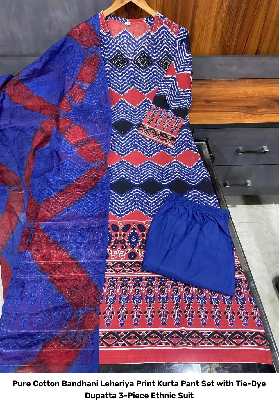 Pure Cotton Bandhani Leheriya Print Kurta Pant Set with Tie-Dye Dupatta – 3-Piece Ethnic Suit 3
