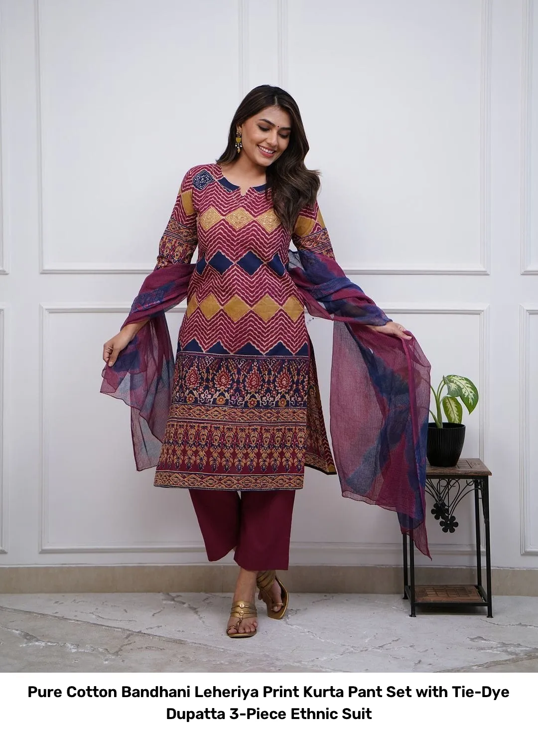 Pure Cotton Bandhani Leheriya Print Kurta Pant Set with Tie-Dye Dupatta – 3-Piece Ethnic Suit 4