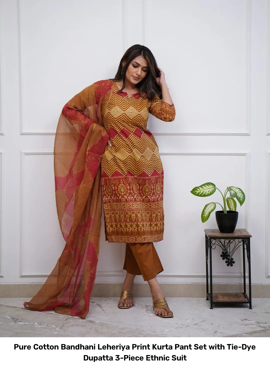 Pure Cotton Bandhani Leheriya Print Kurta Pant Set with Tie-Dye Dupatta – 3-Piece Ethnic Suit 5