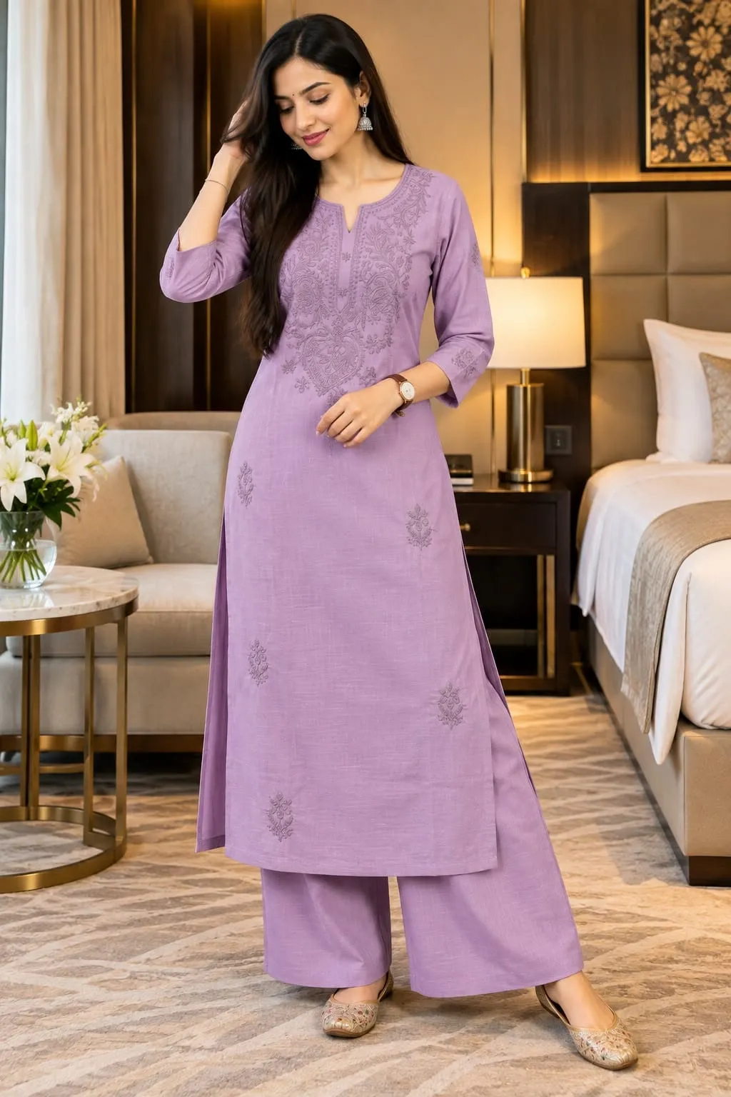 Pure Cotton Chikankari Embroidered Kurti with Palazzo Pant Set (Sizes XL to 5XL) | 2-Piece Kurta Set with Inner