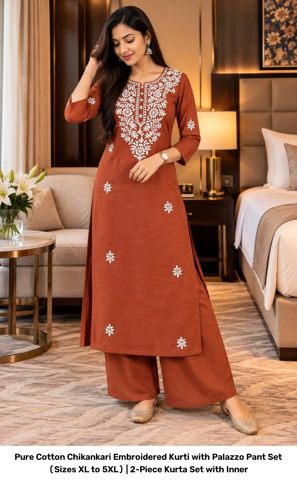 Pure Cotton Chikankari Embroidered Kurti with Palazzo Pant Set (Sizes XL to 5XL) | 2-Piece Kurta Set with Inner 10