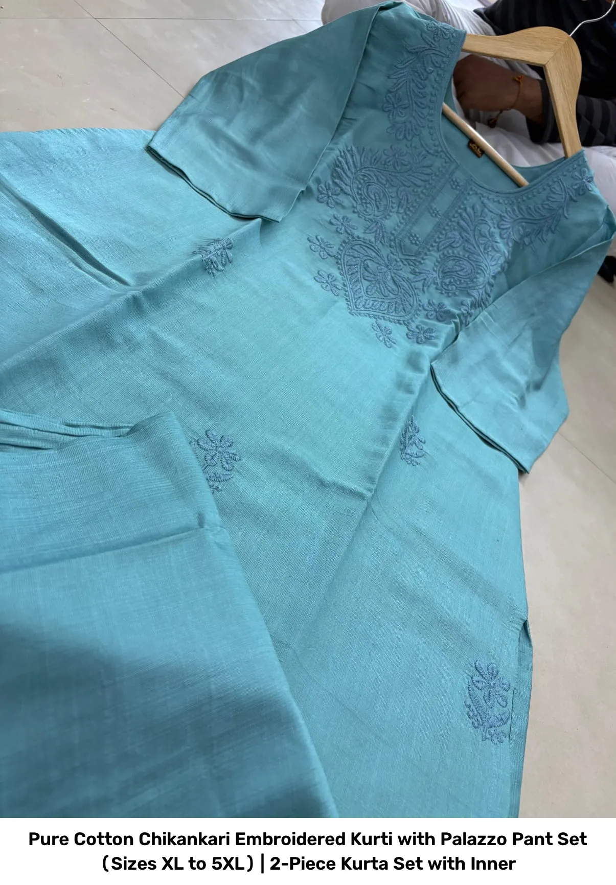 Pure Cotton Chikankari Embroidered Kurti with Palazzo Pant Set (Sizes XL to 5XL) | 2-Piece Kurta Set with Inner 11
