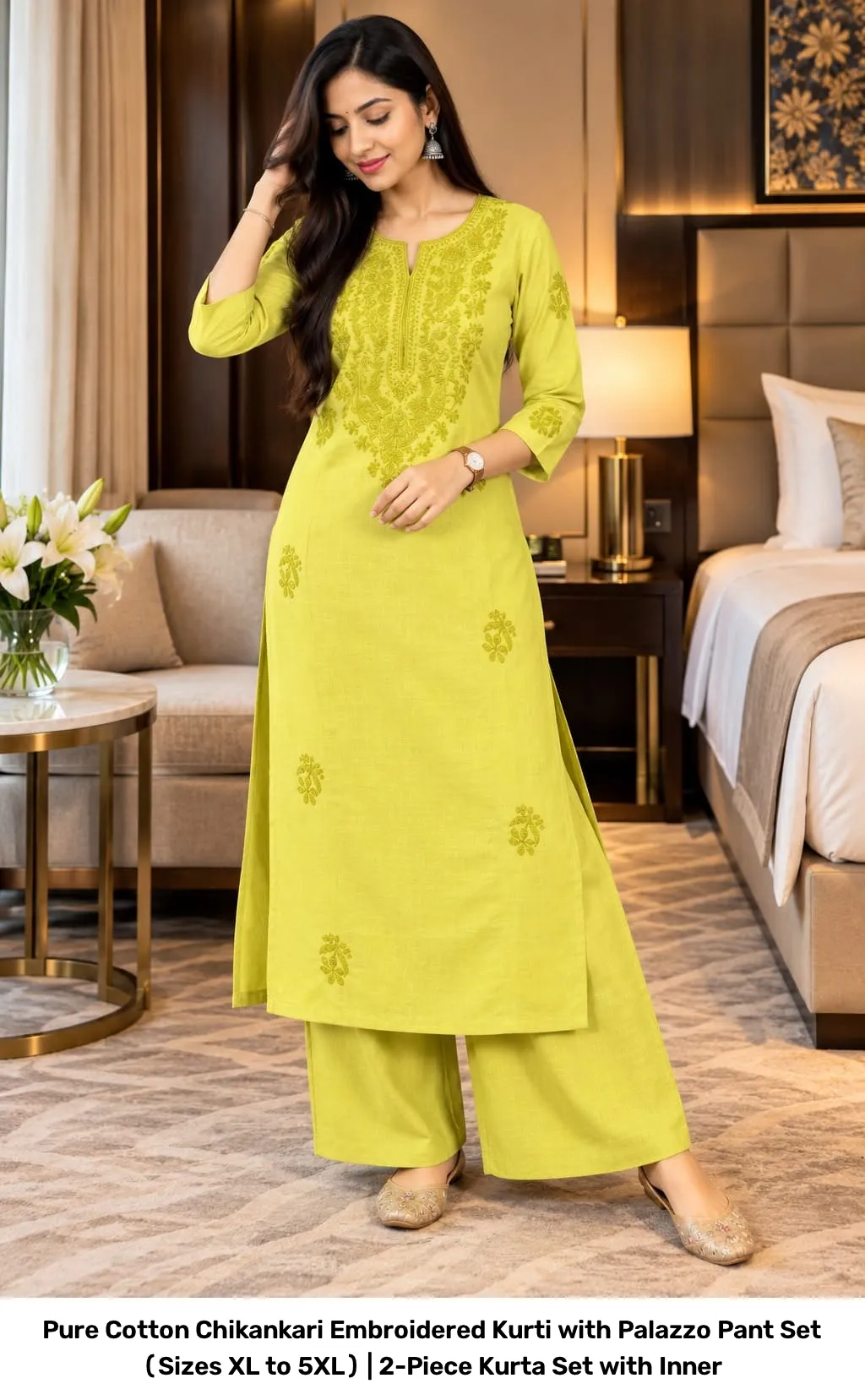 Pure Cotton Chikankari Embroidered Kurti with Palazzo Pant Set (Sizes XL to 5XL) | 2-Piece Kurta Set with Inner 12