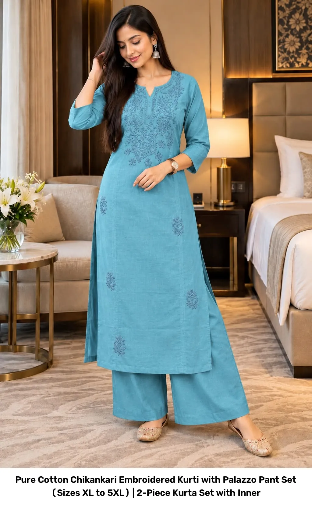 Pure Cotton Chikankari Embroidered Kurti with Palazzo Pant Set (Sizes XL to 5XL) | 2-Piece Kurta Set with Inner 13