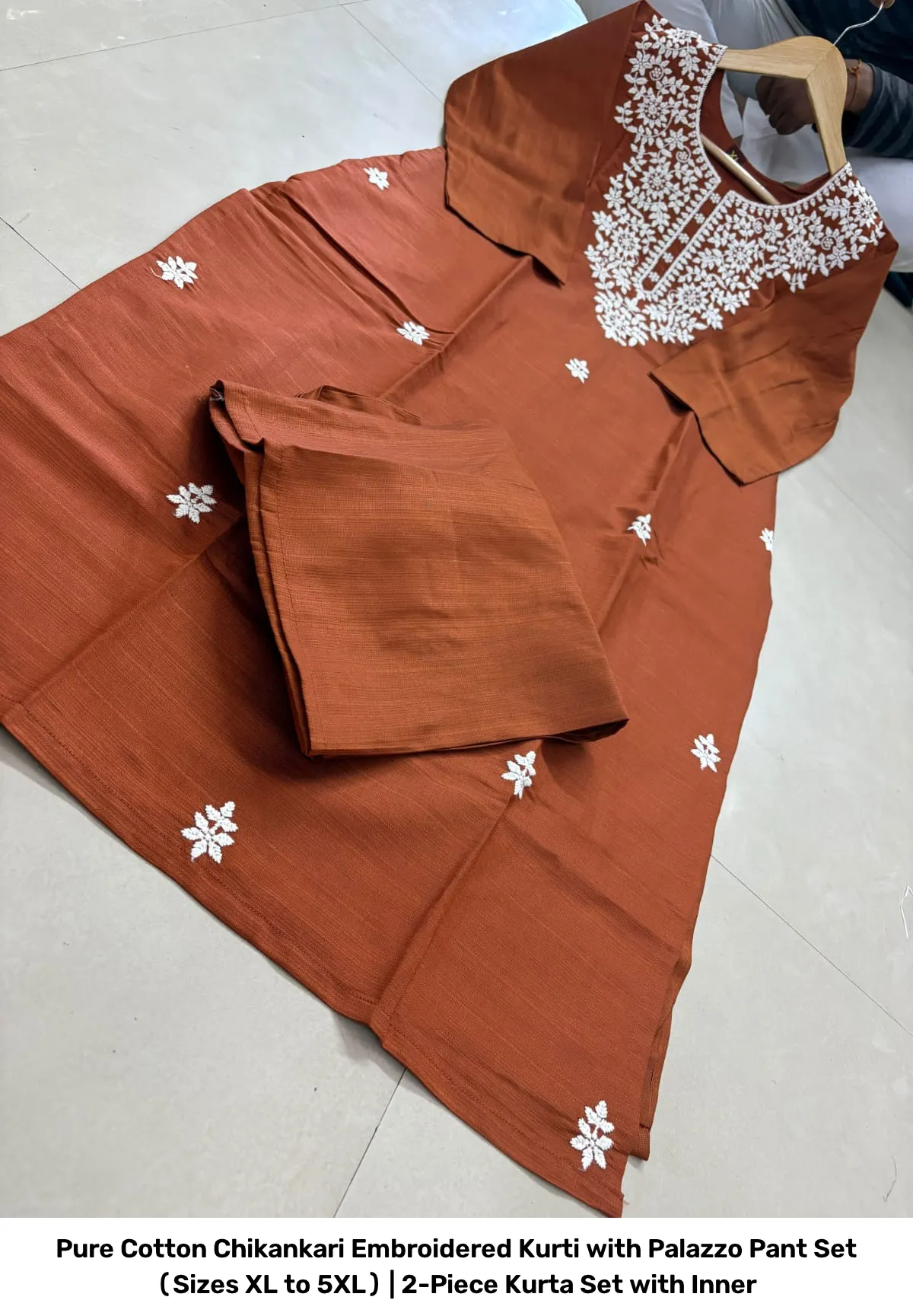 Pure Cotton Chikankari Embroidered Kurti with Palazzo Pant Set (Sizes XL to 5XL) | 2-Piece Kurta Set with Inner 15