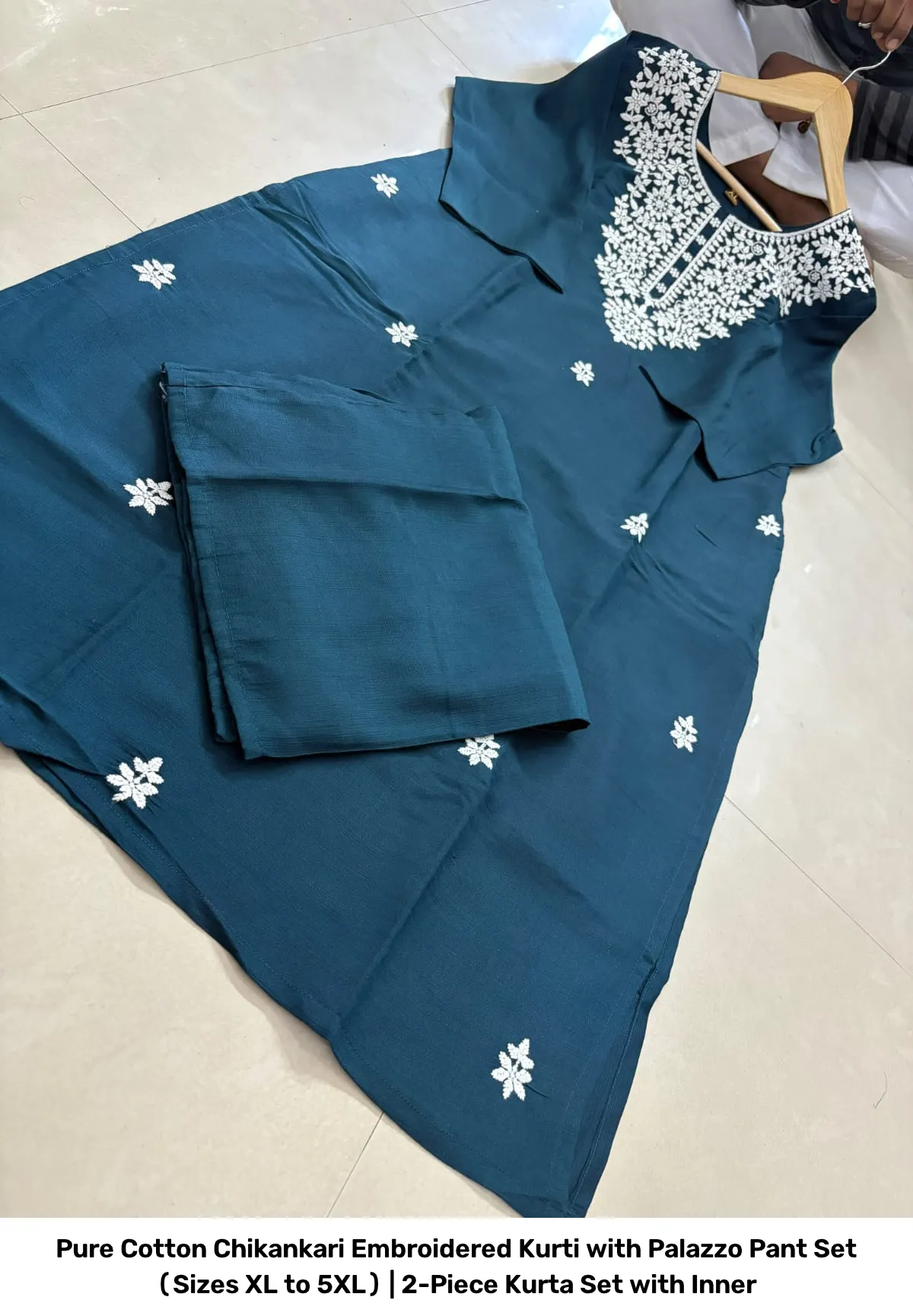 Pure Cotton Chikankari Embroidered Kurti with Palazzo Pant Set (Sizes XL to 5XL) | 2-Piece Kurta Set with Inner 16