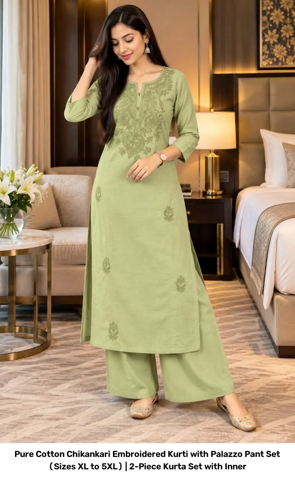 Pure Cotton Chikankari Embroidered Kurti with Palazzo Pant Set (Sizes XL to 5XL) | 2-Piece Kurta Set with Inner 19