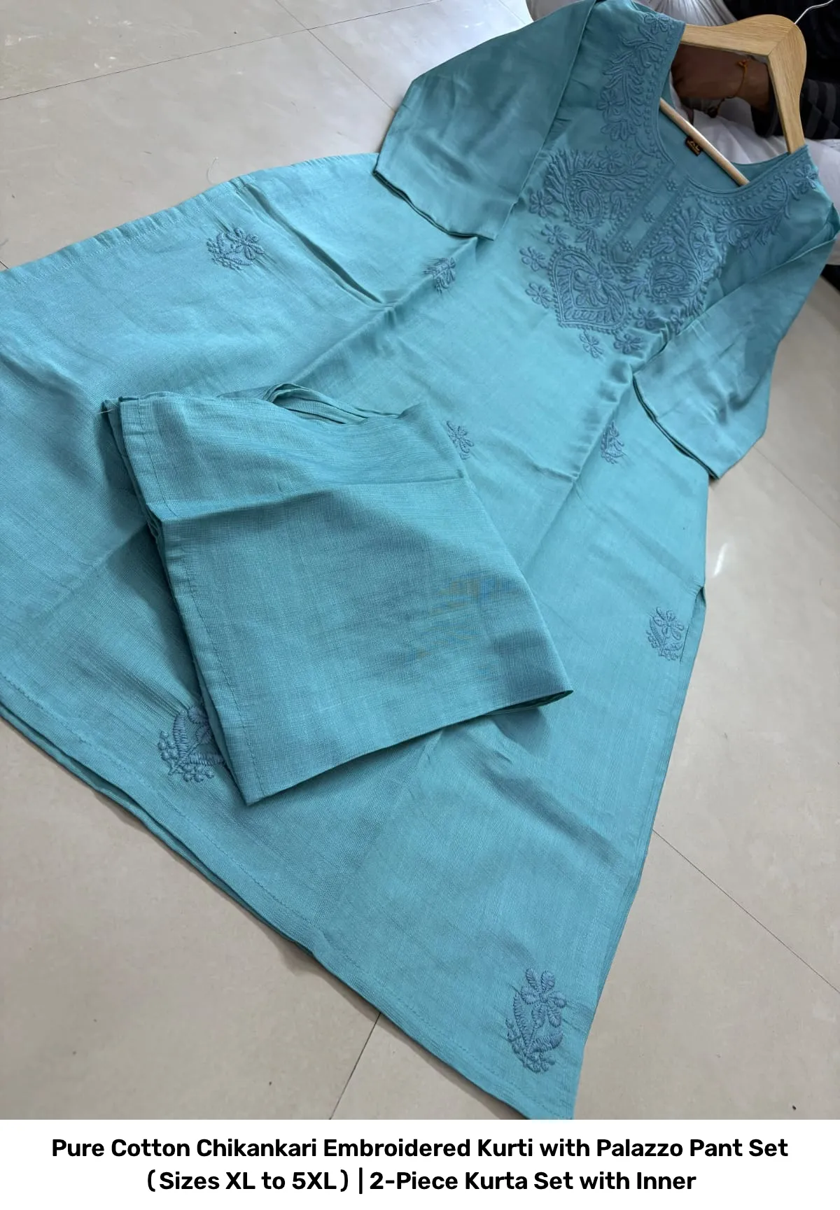 Pure Cotton Chikankari Embroidered Kurti with Palazzo Pant Set (Sizes XL to 5XL) | 2-Piece Kurta Set with Inner 21
