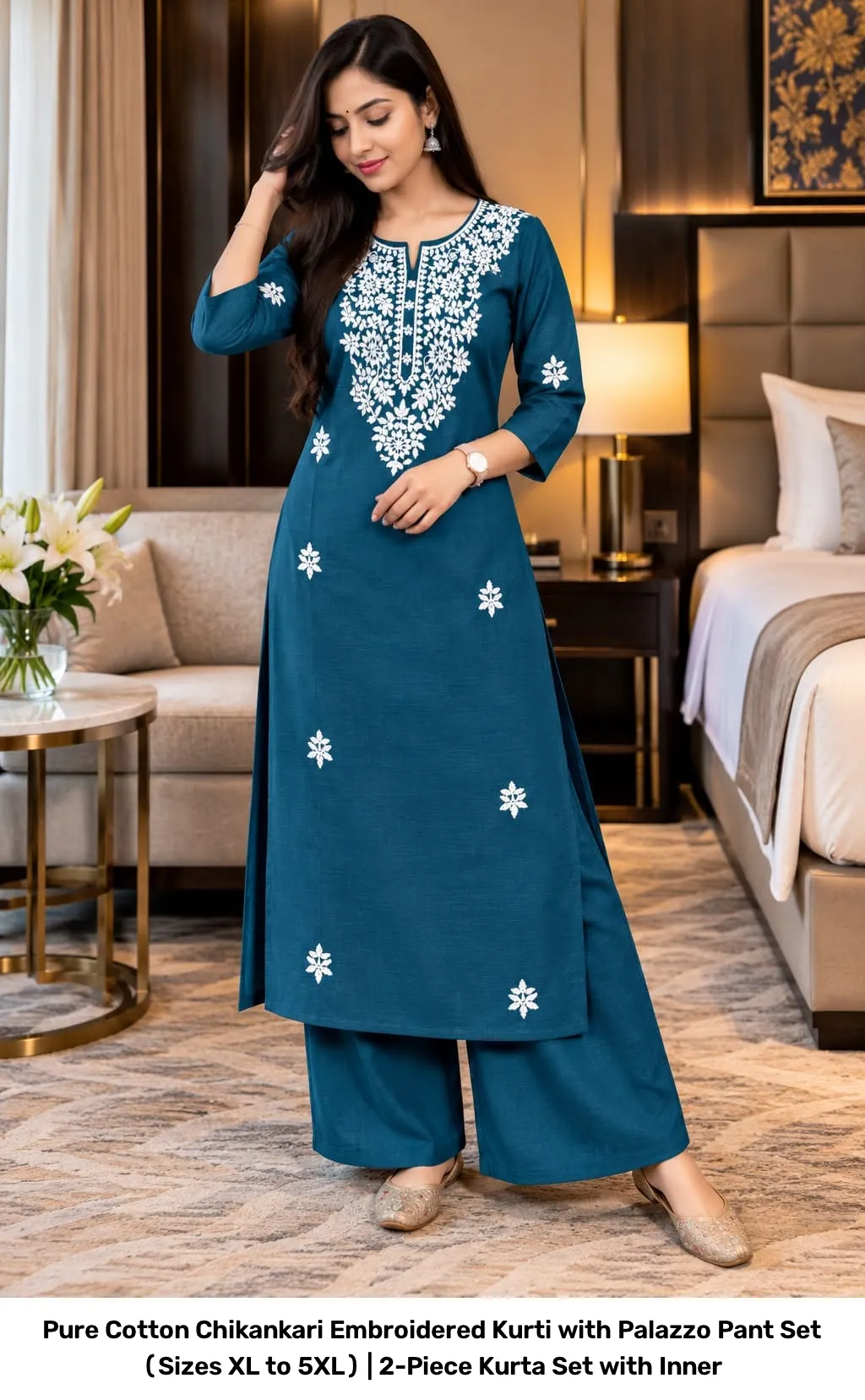 Pure Cotton Chikankari Embroidered Kurti with Palazzo Pant Set (Sizes XL to 5XL) | 2-Piece Kurta Set with Inner 22