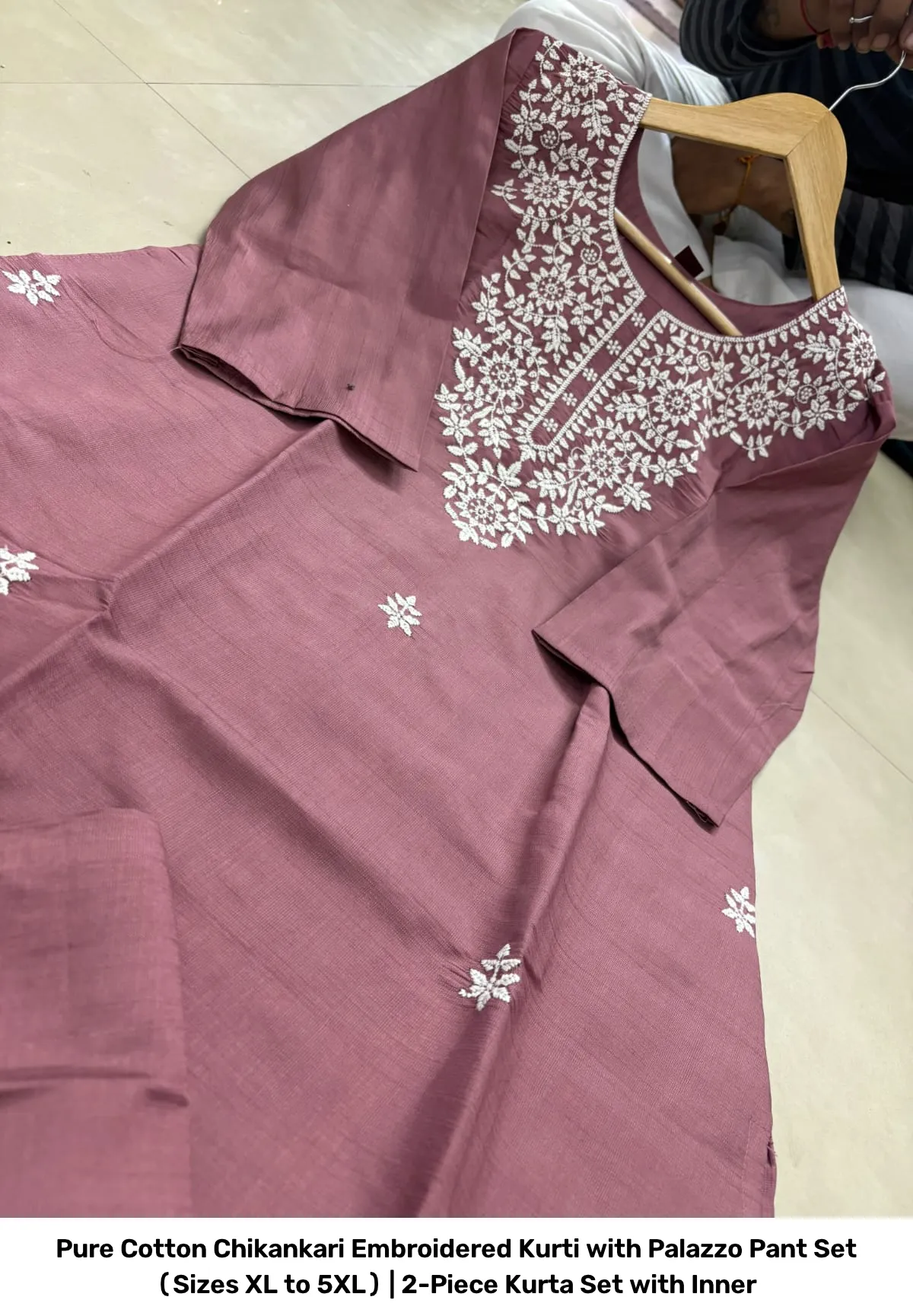 Pure Cotton Chikankari Embroidered Kurti with Palazzo Pant Set (Sizes XL to 5XL) | 2-Piece Kurta Set with Inner 3